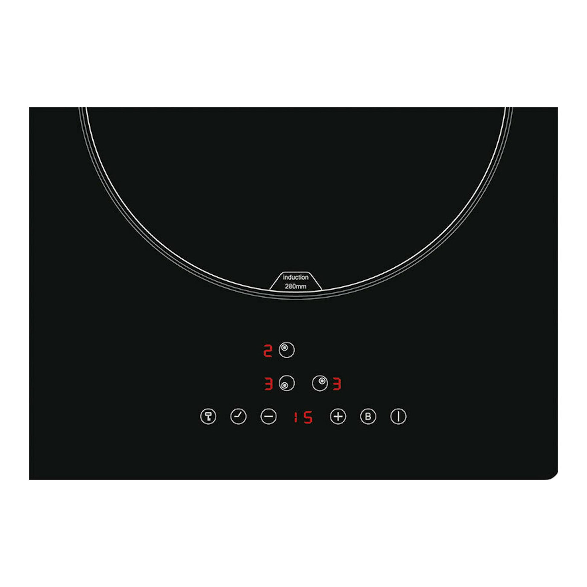 Placa de inducción Cata IB5003BK negra, vista superior parcial con mandos táctiles y display rojo.