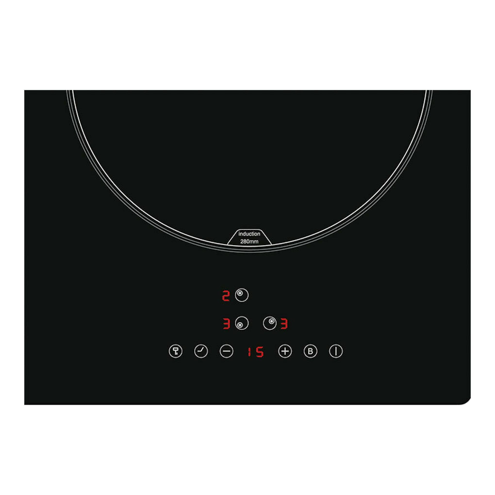 Placa de inducción Cata IB5003BK negra, vista superior parcial con mandos táctiles y display rojo.