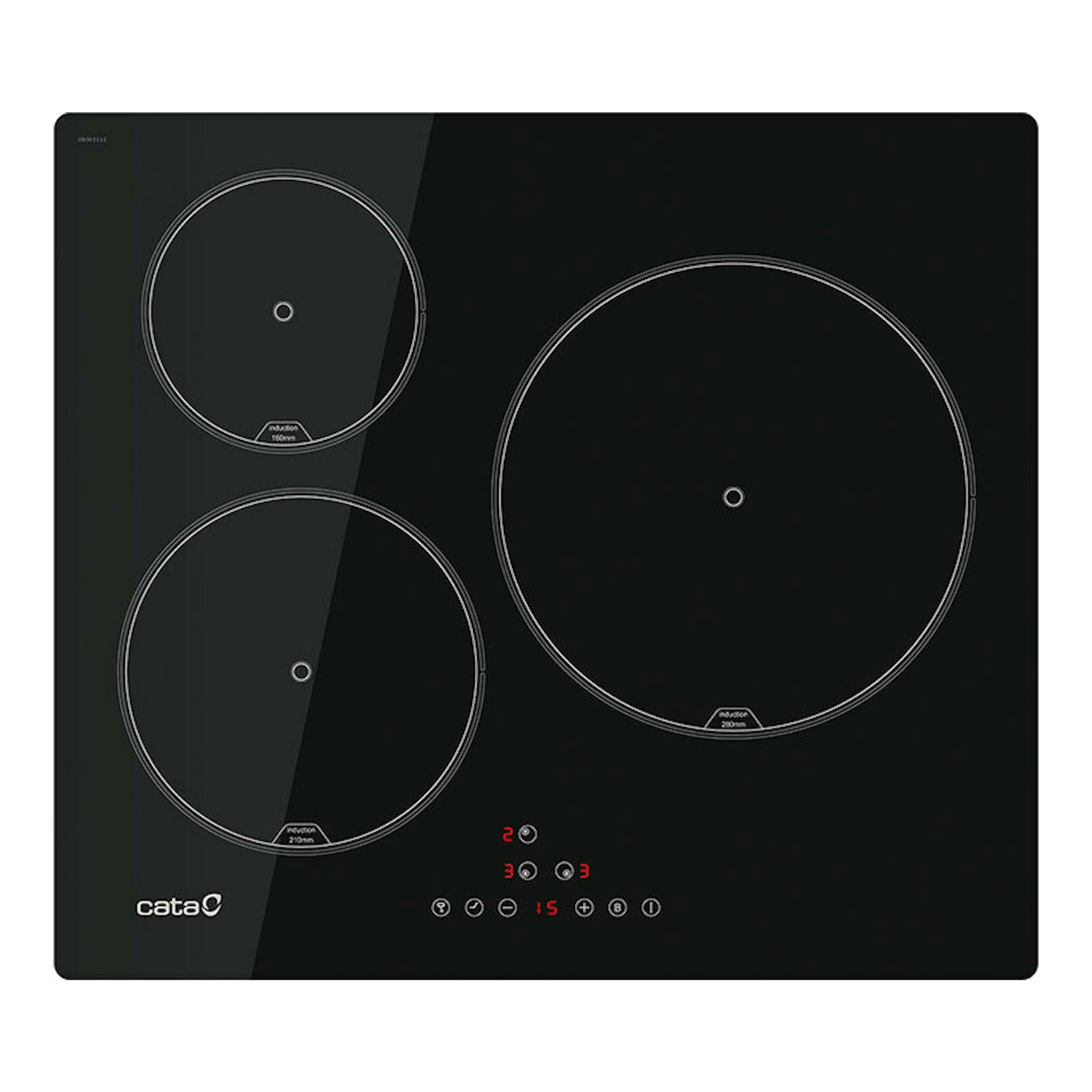 Placa de inducción Cata IB6303E2BK negra, vista frontal, con tres zonas de cocción circulares.