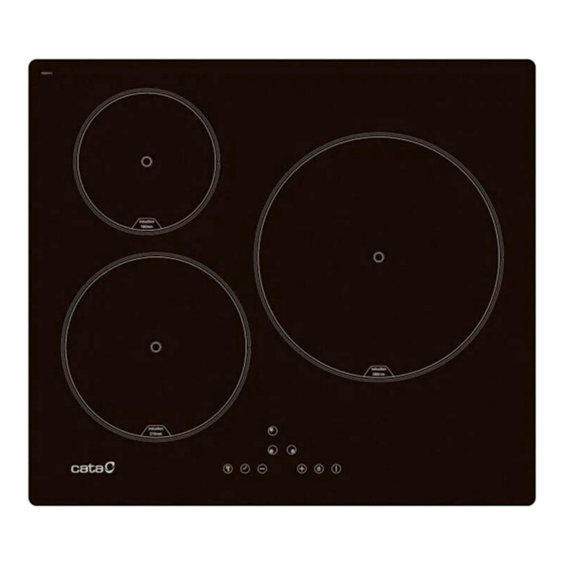 Placa de inducción Cata negra, vista frontal, con tres zonas de cocción.