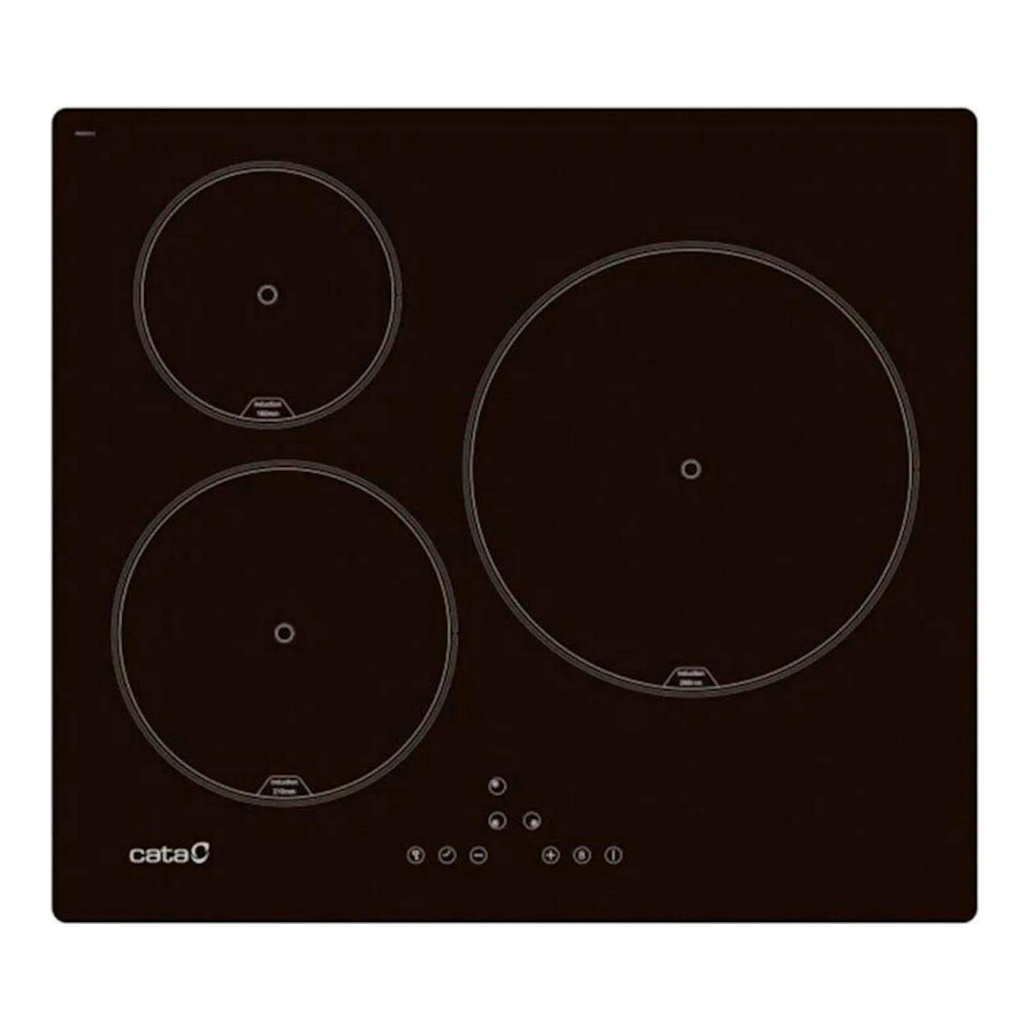 Placa de inducción Cata negra, vista frontal, con tres zonas de cocción.