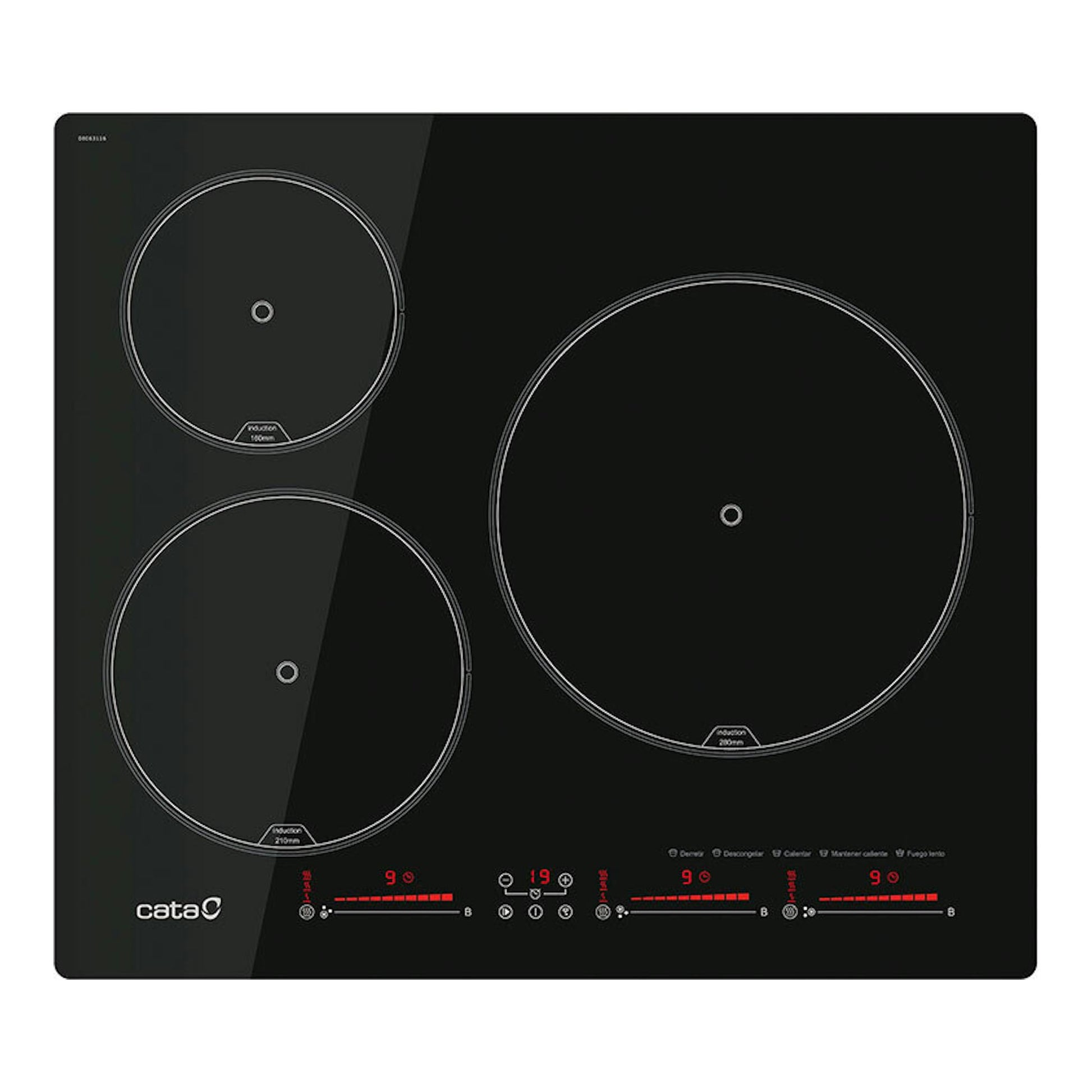Placa de inducción Cata IBS6303E2BK negra, vista superior, con tres zonas circulares.