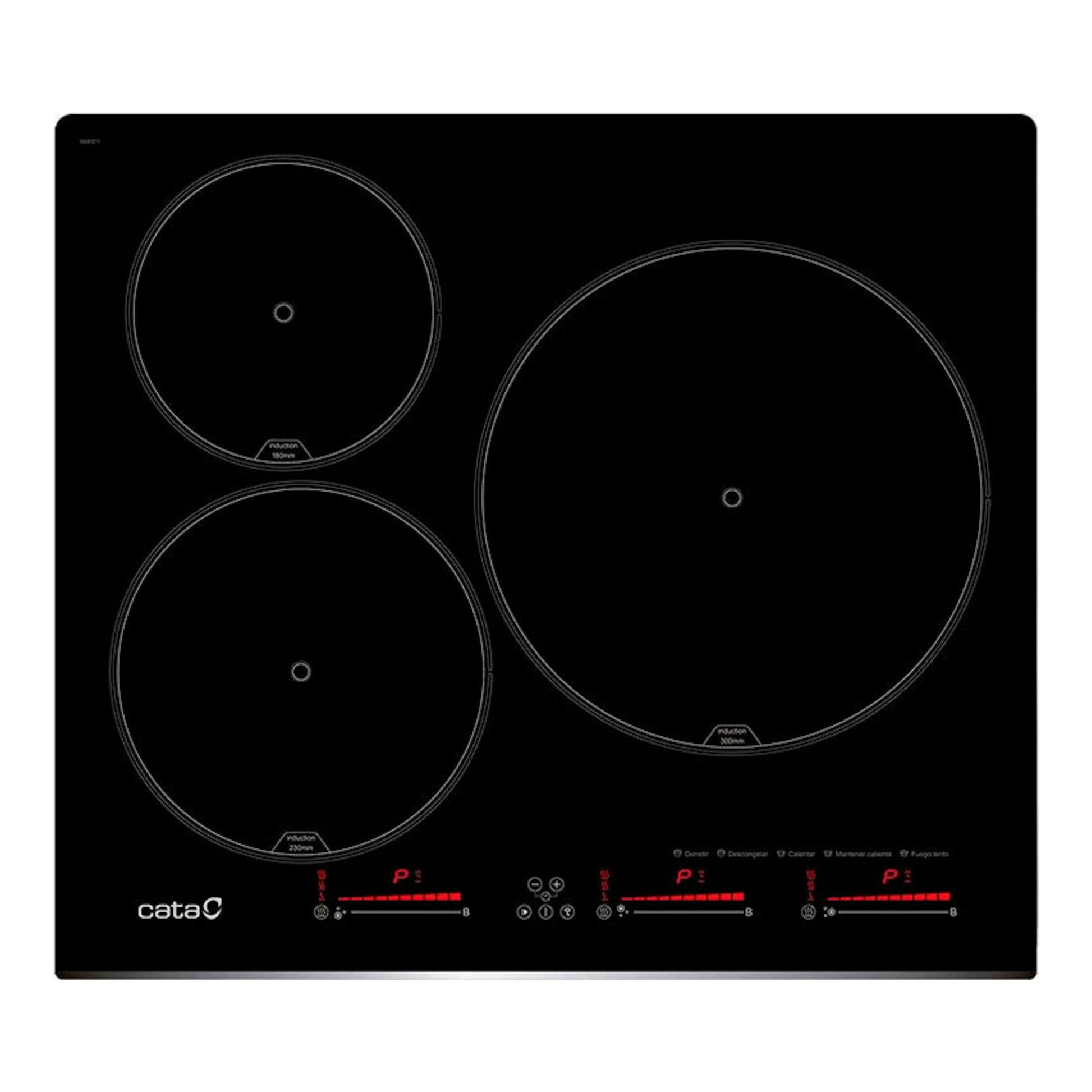 Placa de inducción Cata INSB6003E2 negra, vista frontal, con tres zonas circulares de cocción.