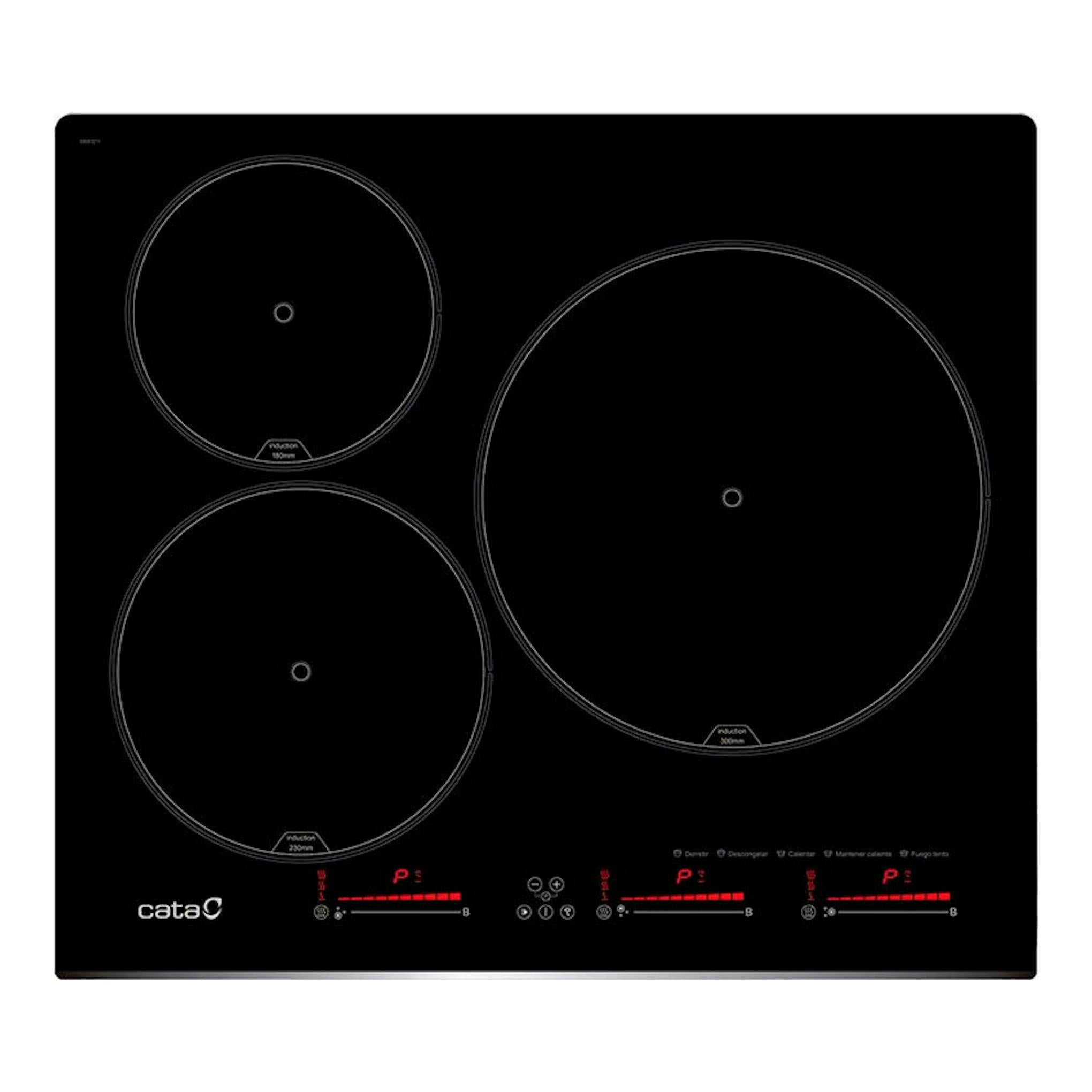 Placa de inducción Cata INSB6003E2 negra, vista frontal, con tres zonas circulares de cocción.