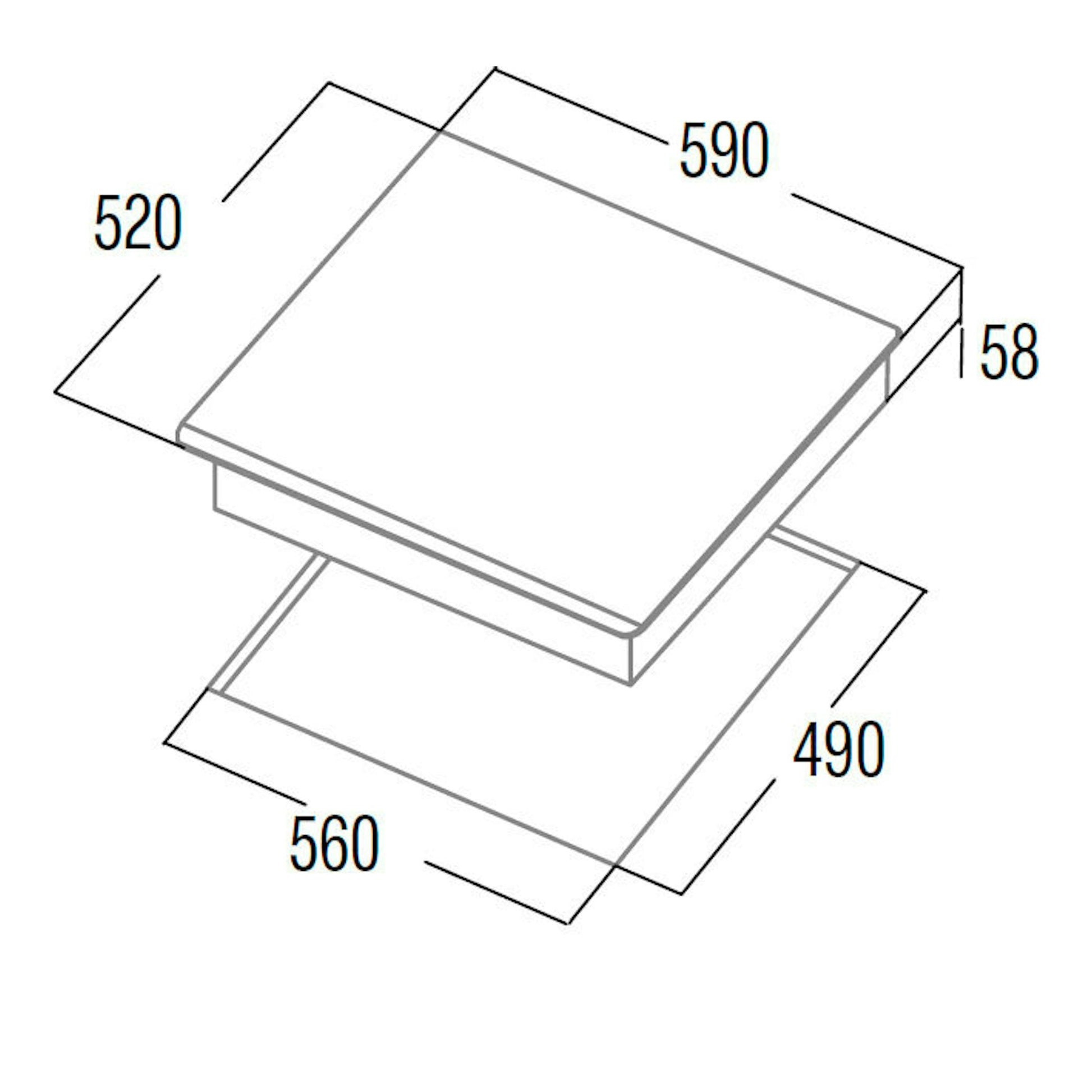Esquema isométrico de placa de inducción Cata INSB6003E2 en blanco, con medidas 590, 520, 560, 490 y 58 mm.