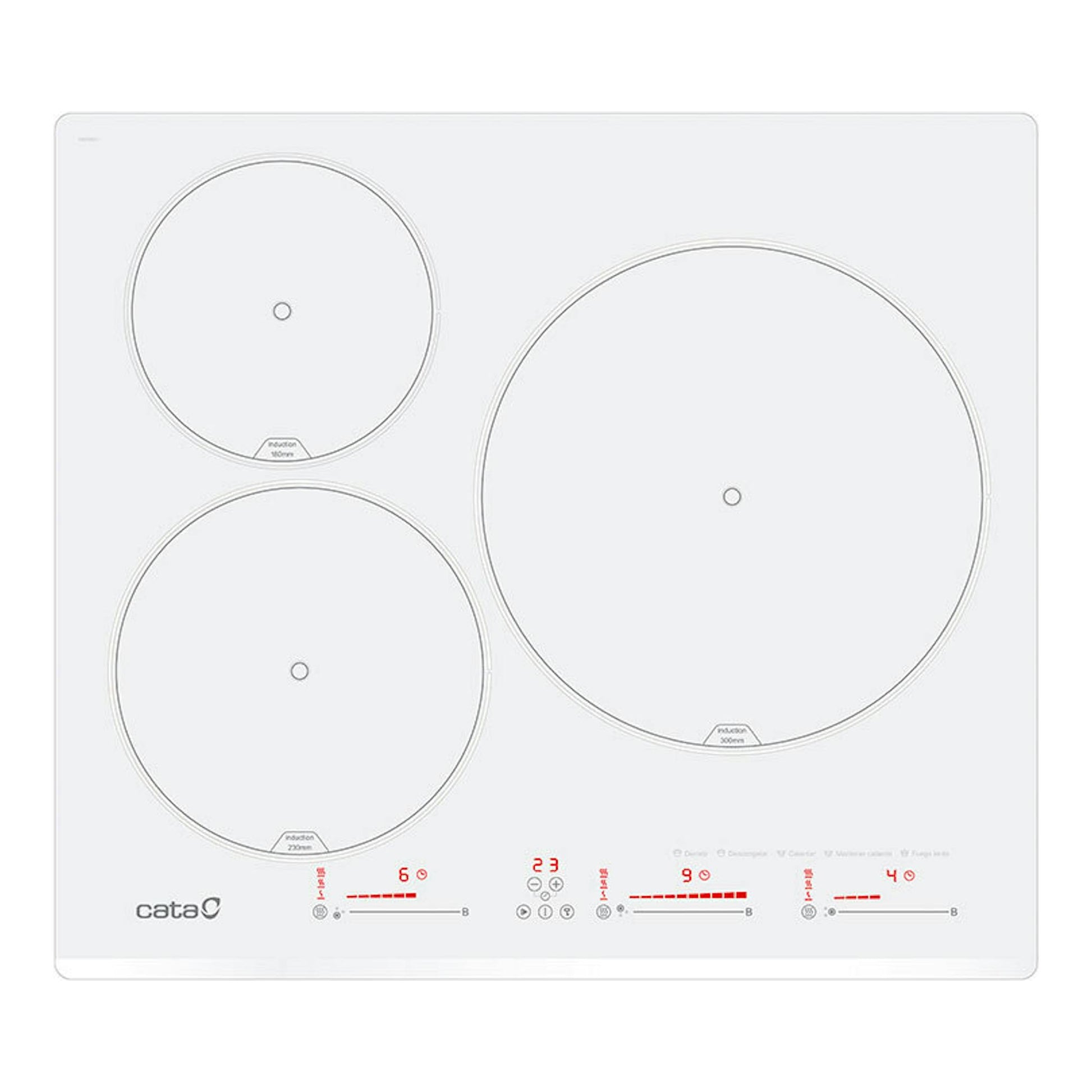 Placa de inducción Cata INSB6003E2WH blanca de 60 cm, vista superior, con tres zonas circulares.