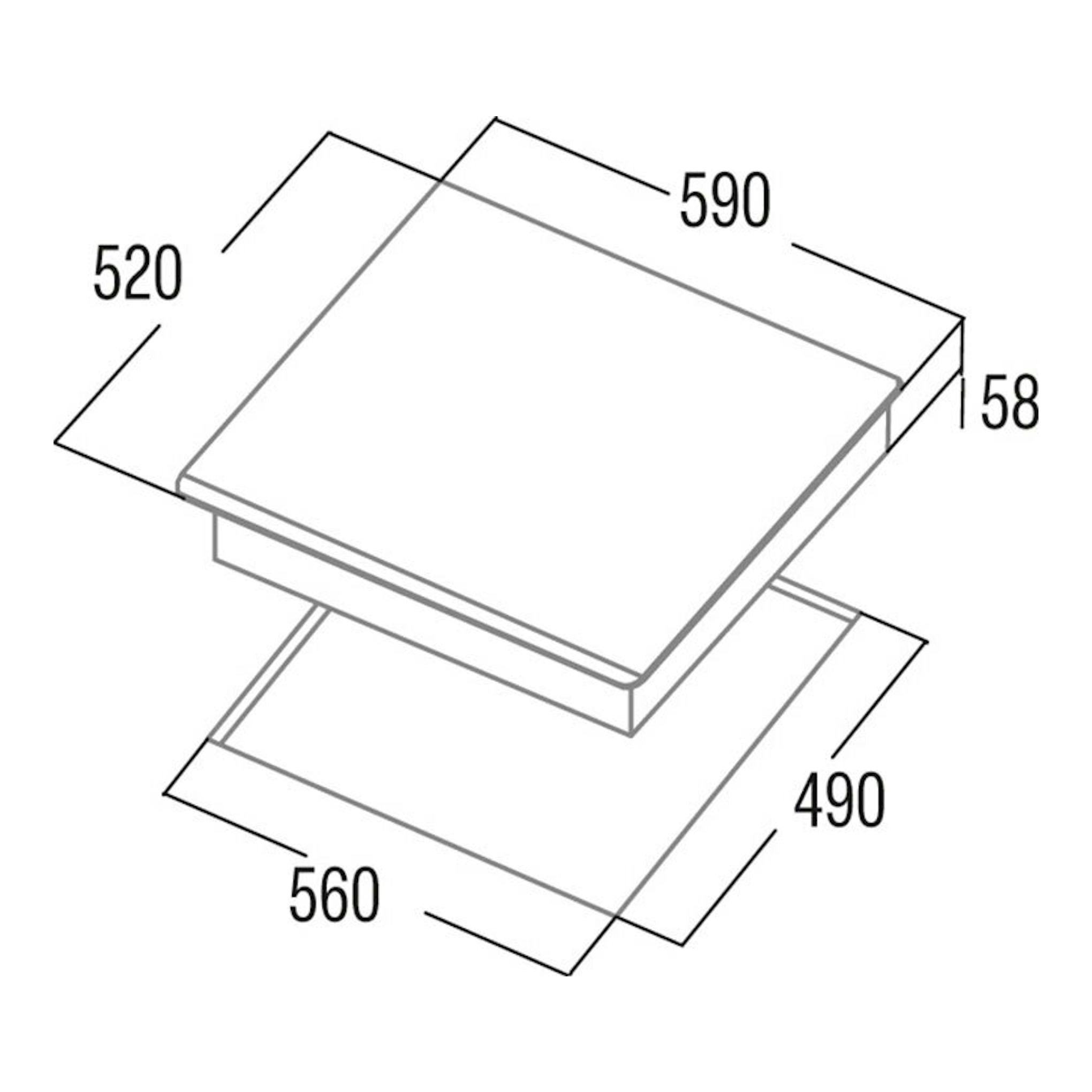 Cata INSB6003E2WH, placa de inducción blanca en vista isométrica con medidas 590x520x58 mm.