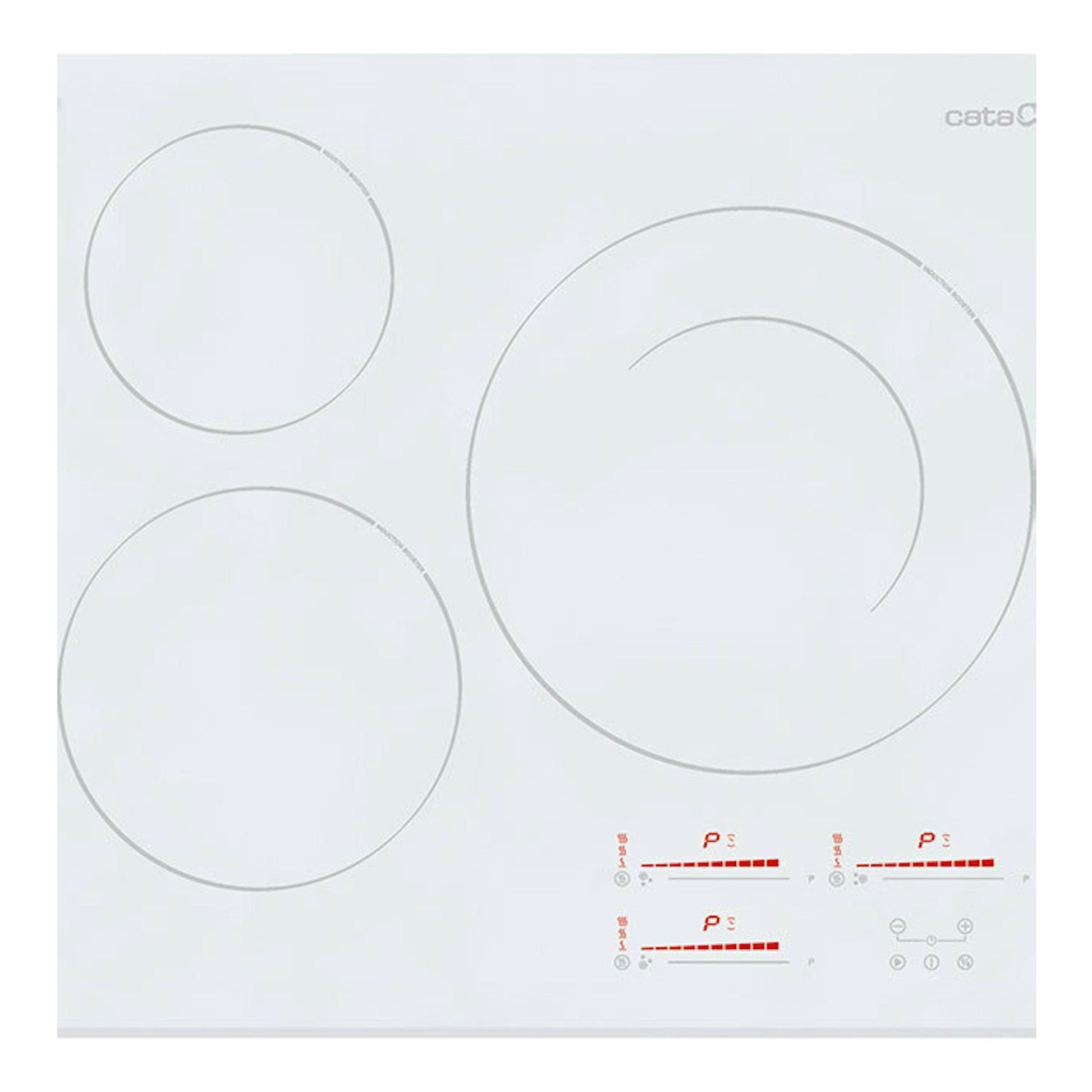 Placa de inducción blanca Cata INSB6030WH, vista superior, con cuatro zonas de cocción circulares.