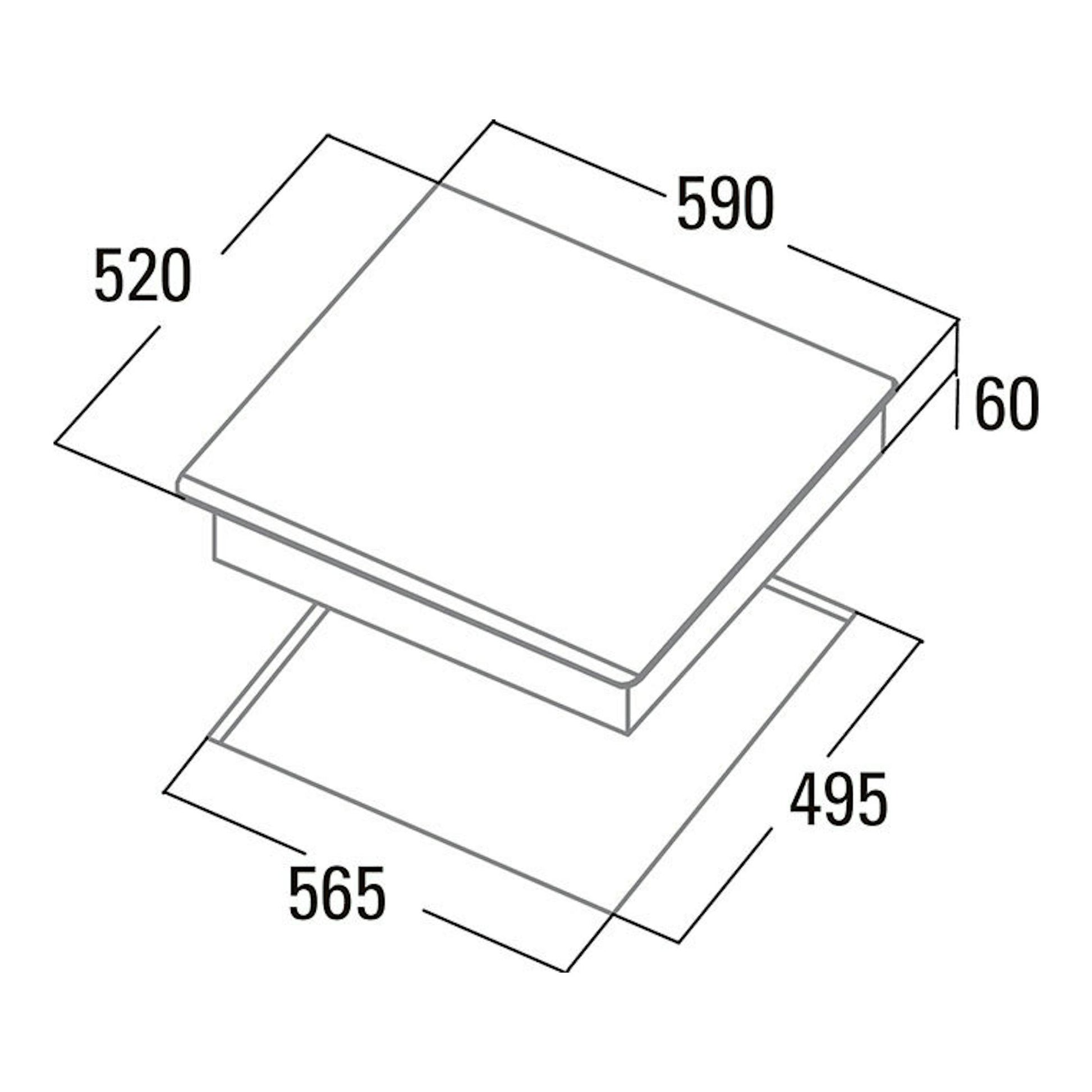 Placa de inducción Cata INSB6030WH, vista isométrica en blanco, con medidas 590x520x60 mm y hueco 565x495 mm
