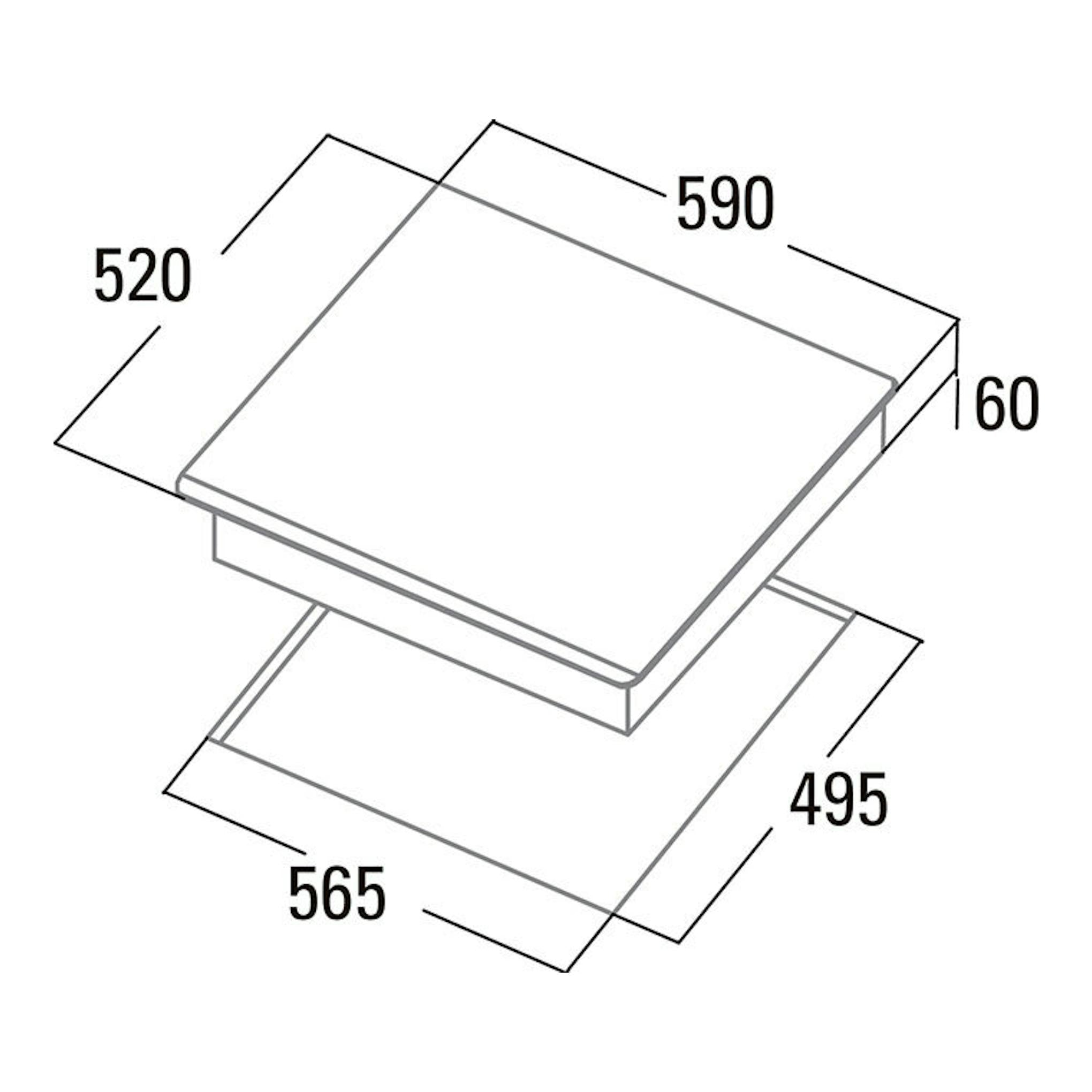 Placa de inducción Cata INSB6030WH, vista isométrica en blanco, con medidas 590x520x60 mm y hueco 565x495 mm
