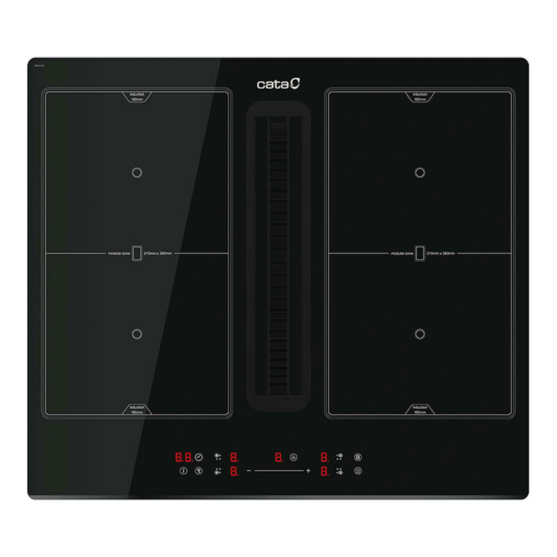 Placa de inducción Cata IAS6024BKSL1 negra con campana integrada, vista superior, 59 cm.