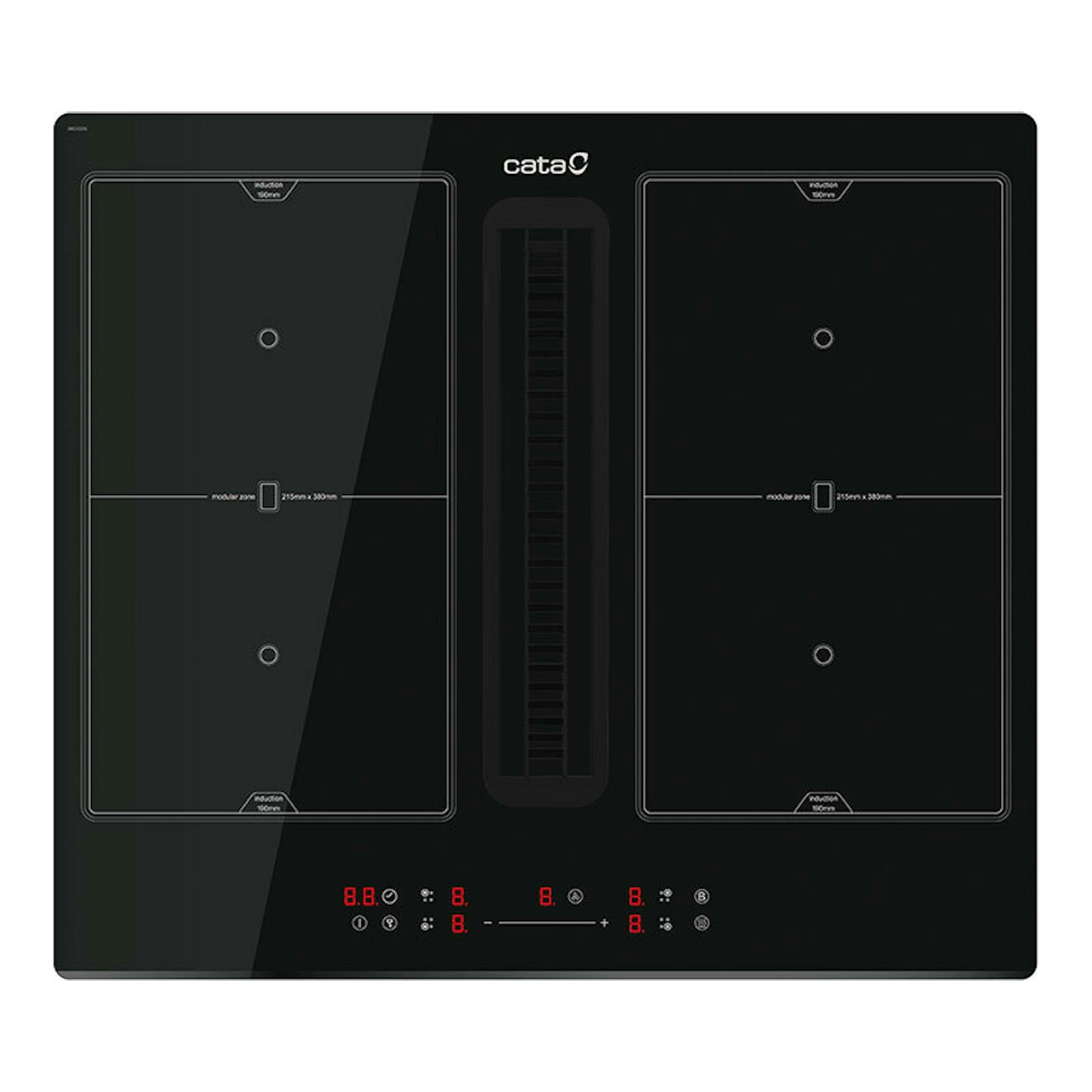 Placa de inducción Cata IAS6024BKSL1 negra con campana integrada, vista superior, 59 cm.