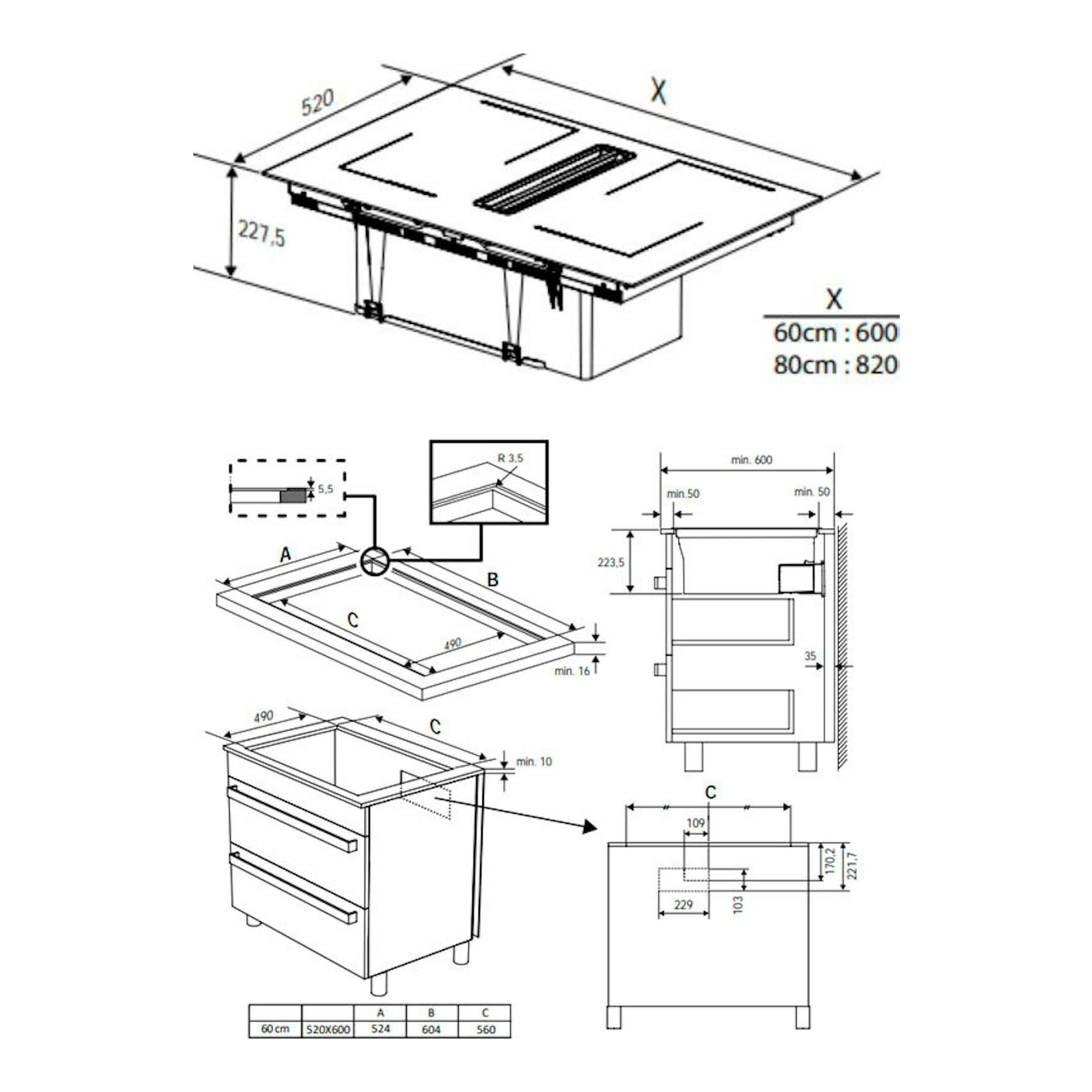 Whirlpool WVH60FFB01: esquema técnico de placa de inducción con campana integrada, vistas y medidas.