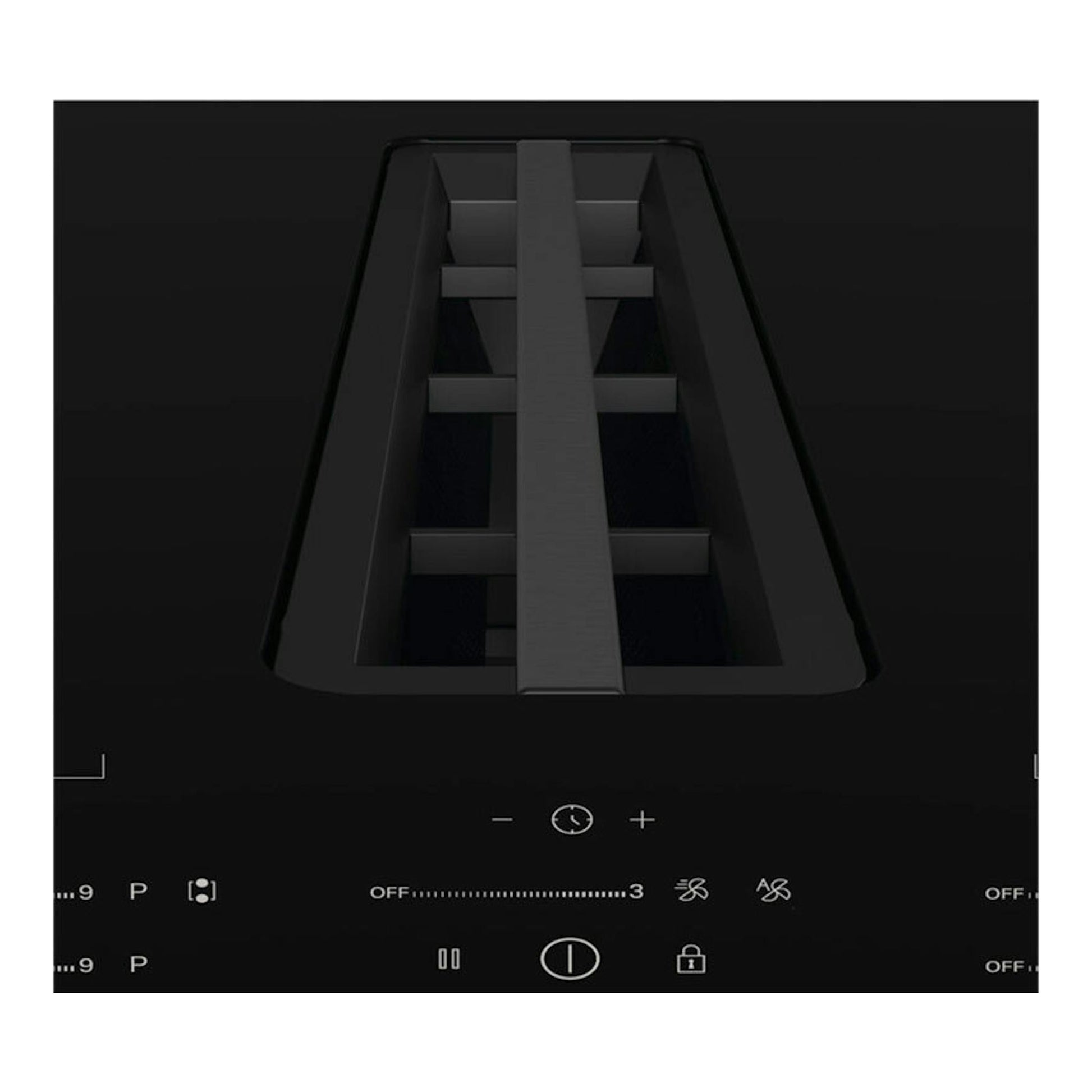 Whirlpool WVH60FFB01: placa de inducción negra con campana central integrada, vista superior.