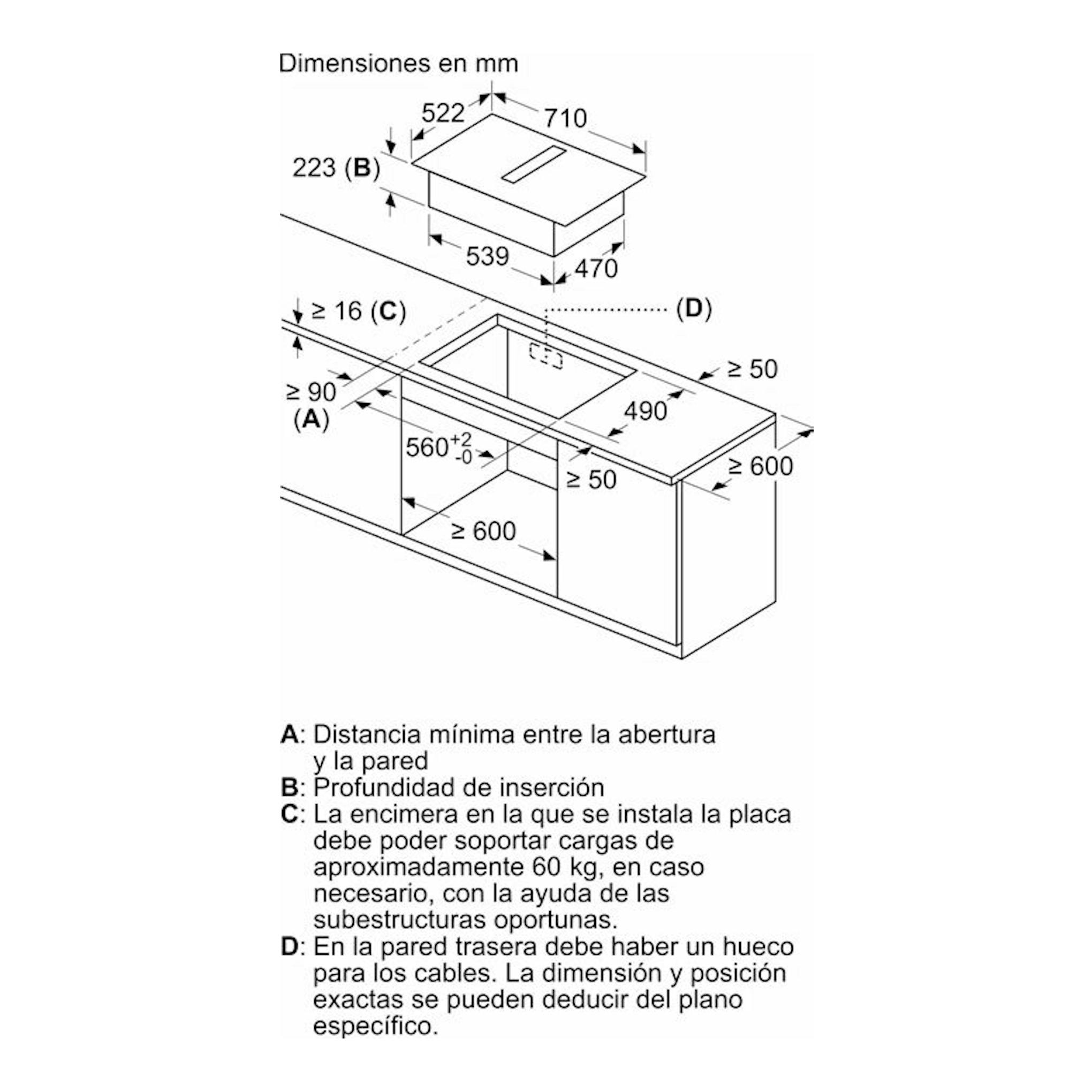 Diagrama de dimensiones en mm de la placa de inducción con extractor Balay 3EBC976LH, vista en perspectiva.