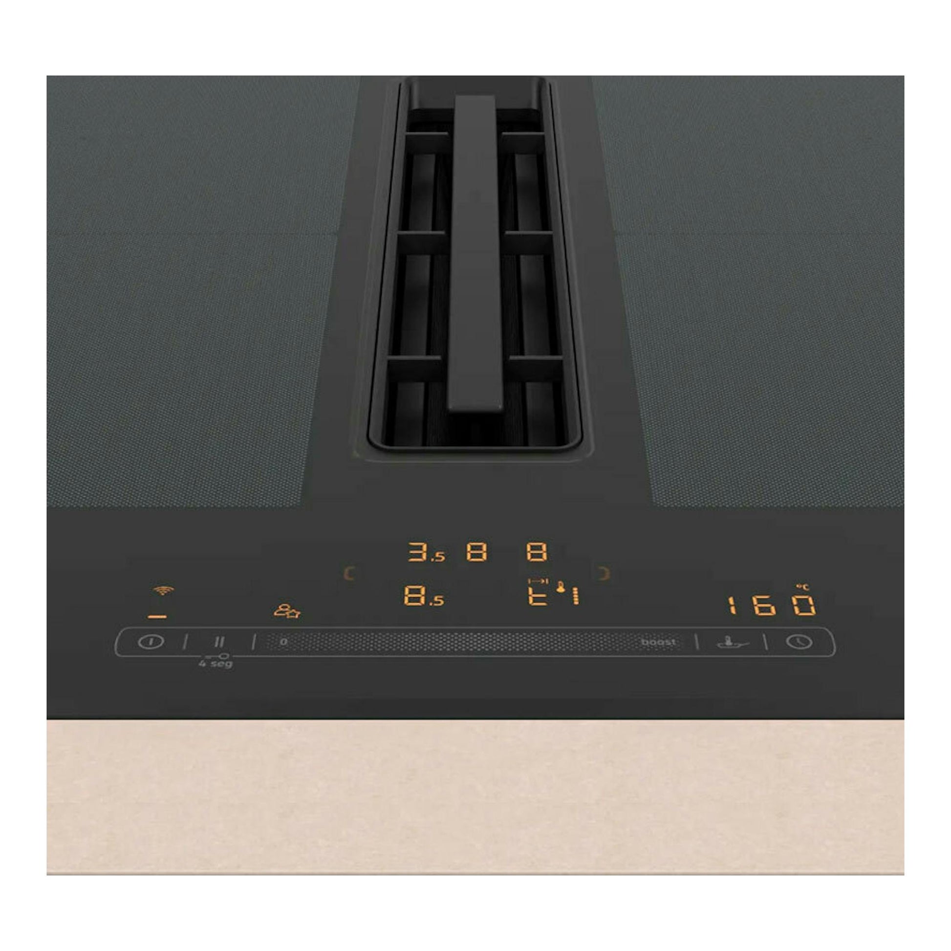 Placa de inducción Balay 3EBC976LH negra, vista superior, con extractor central y panel táctil iluminado.