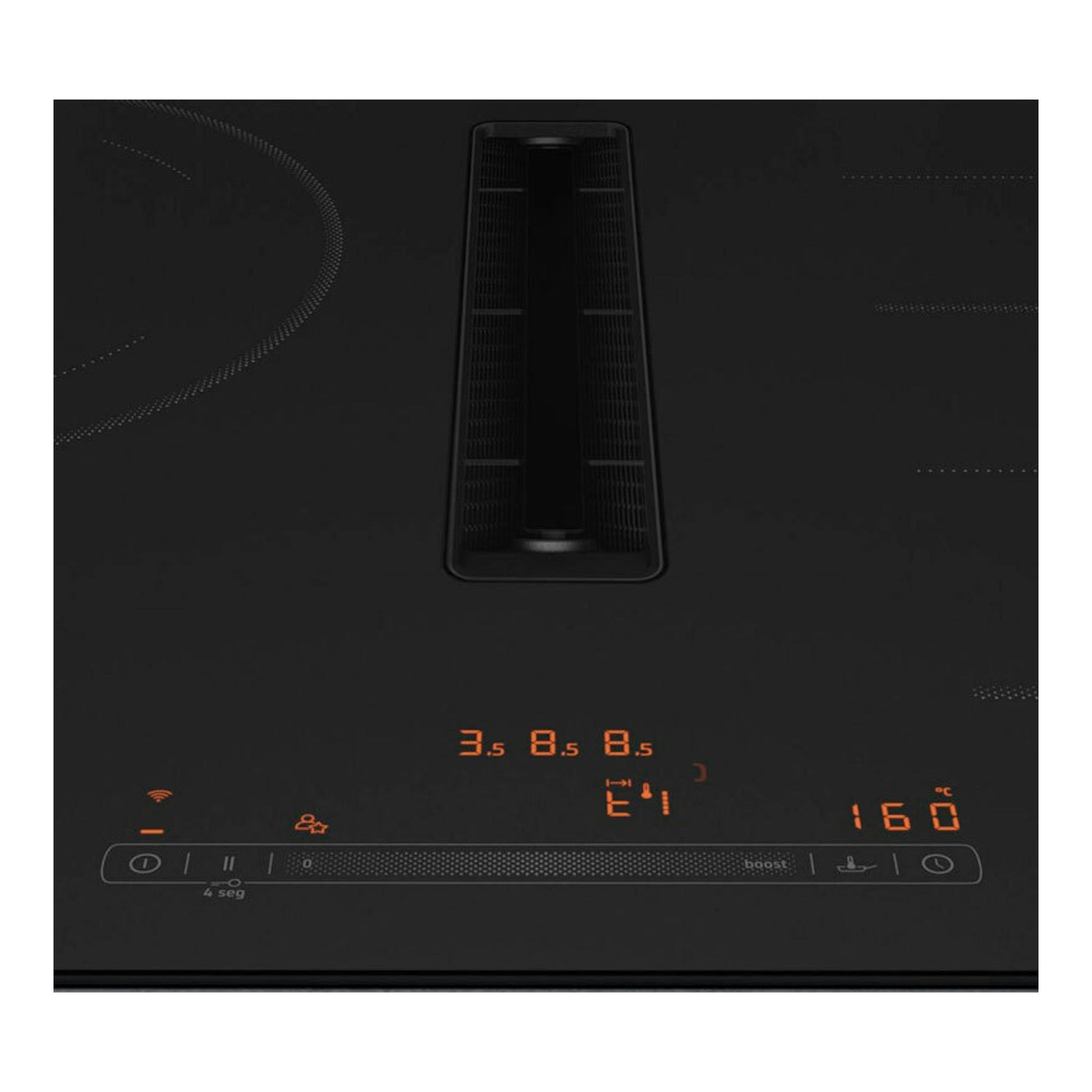 Placa de inducción Balay 3EBC989MH negra, vista frontal, con extractor central y controles táctiles iluminados.