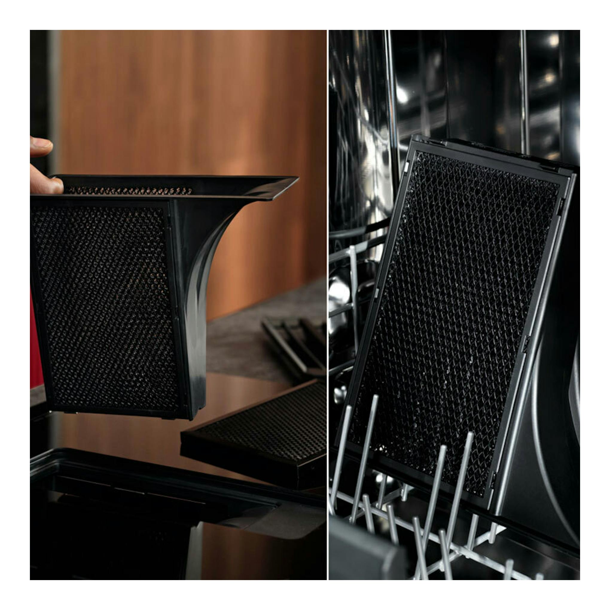 Imagen dividida de un filtro negro del extractor integrado AEG TH84CB03FB, en primer plano y en ángulo.