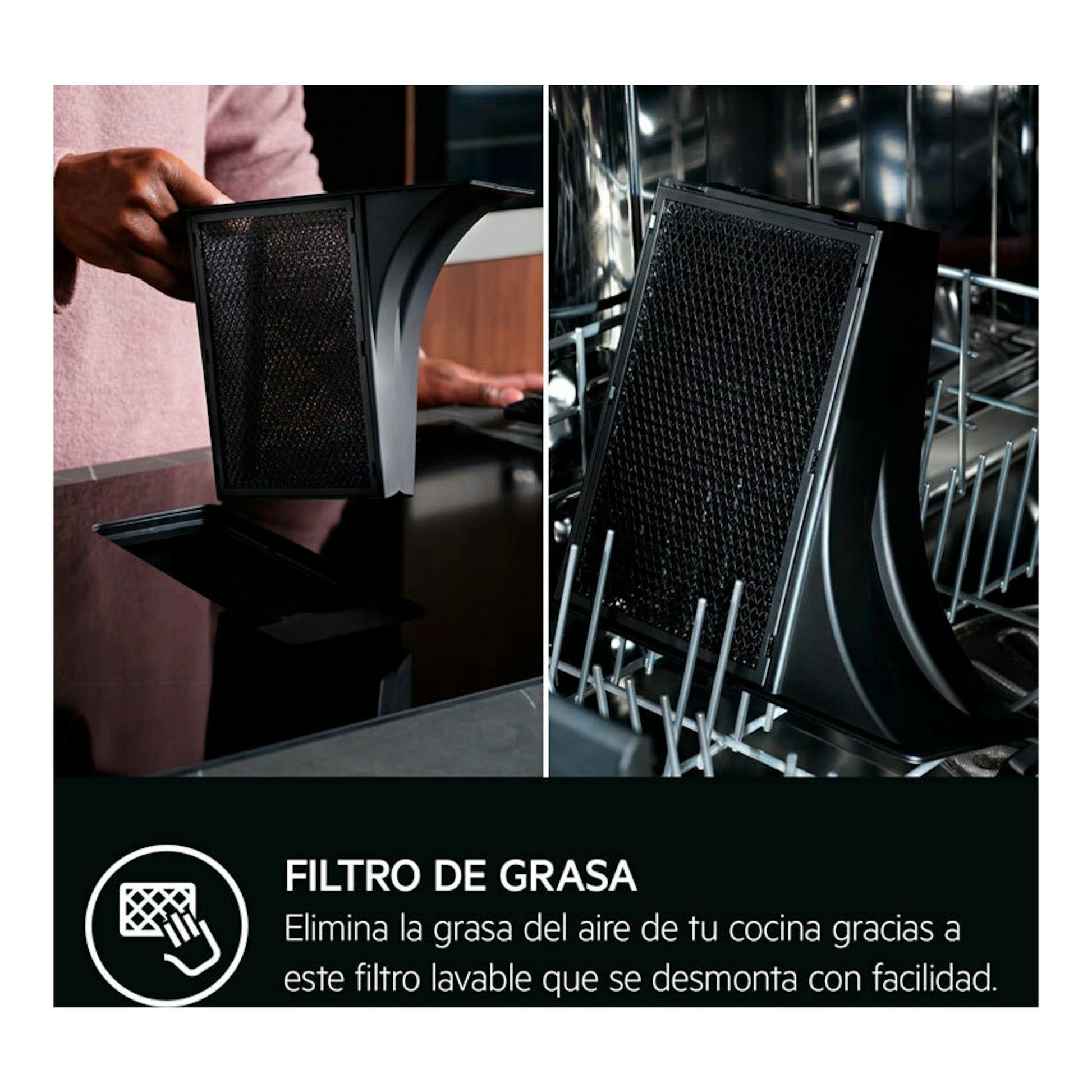 Filtro de grasa negro extraíble de una placa de inducción con extractor, visto en primer plano.