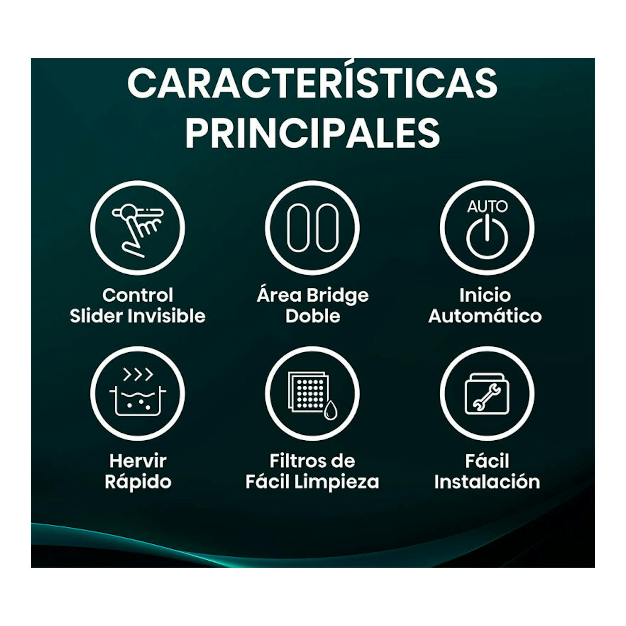 Hisense HEH8443BSCWF1: gráfico de características con iconos sobre fondo verde oscuro.