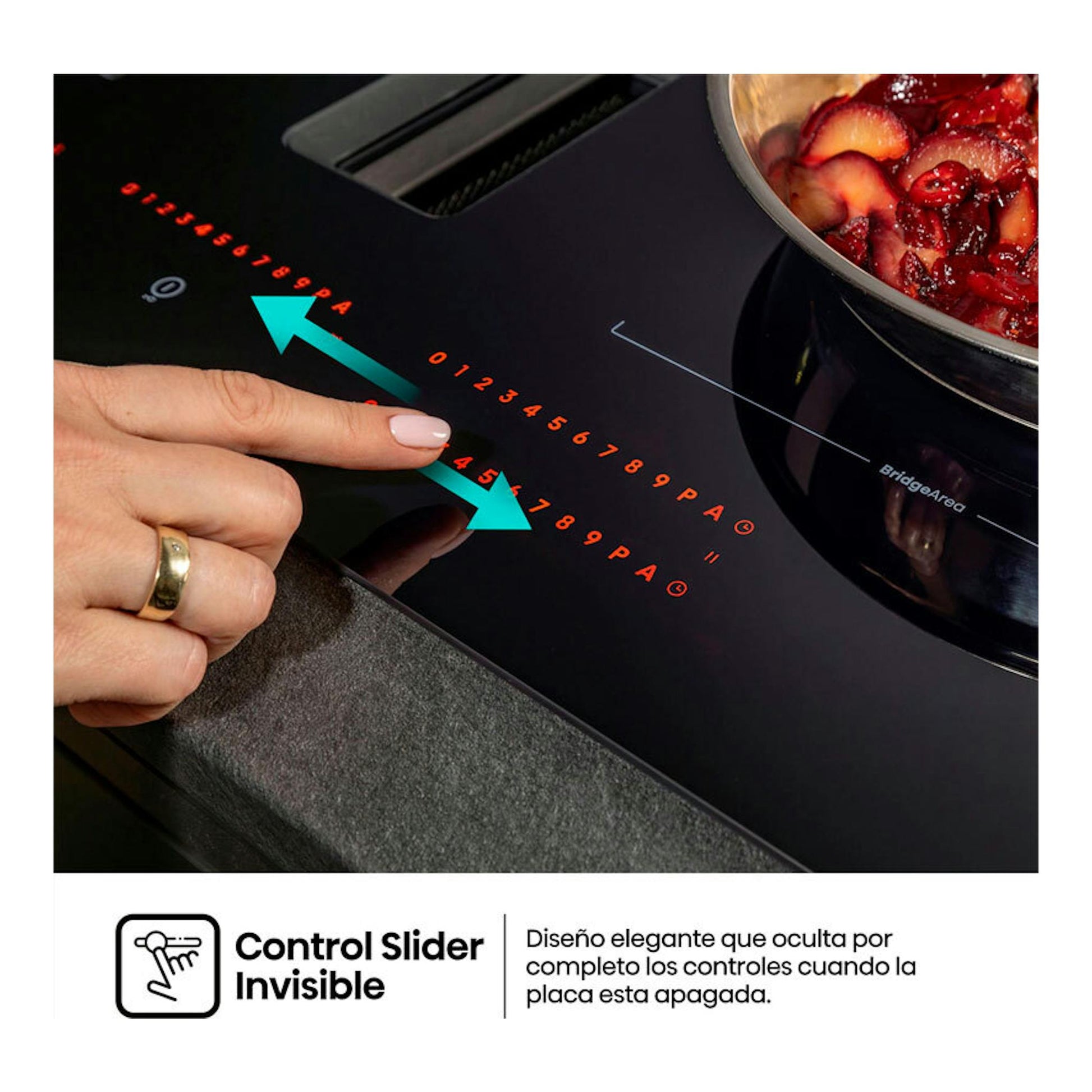Hisense HEH8443BSCWF1: placa de inducción negra con extractor integrado, vista cenital parcial y control táctil deslizante.
