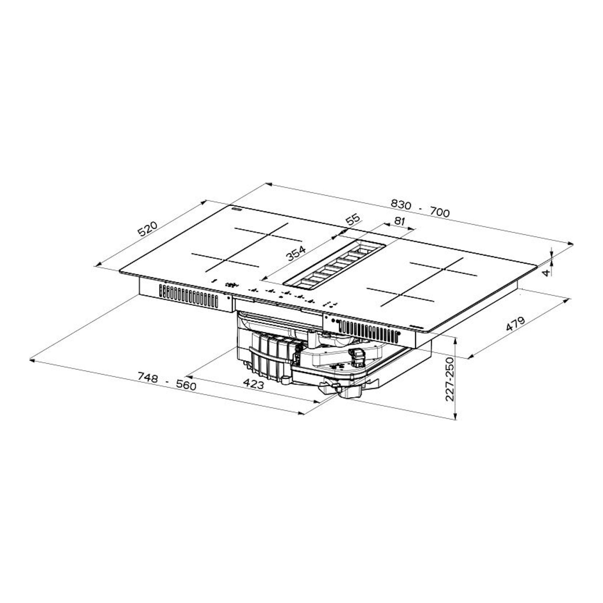 Mepamsa Indu Value 70 cm, placa de inducción con extractor, vista isométrica en blanco y negro con cotas.