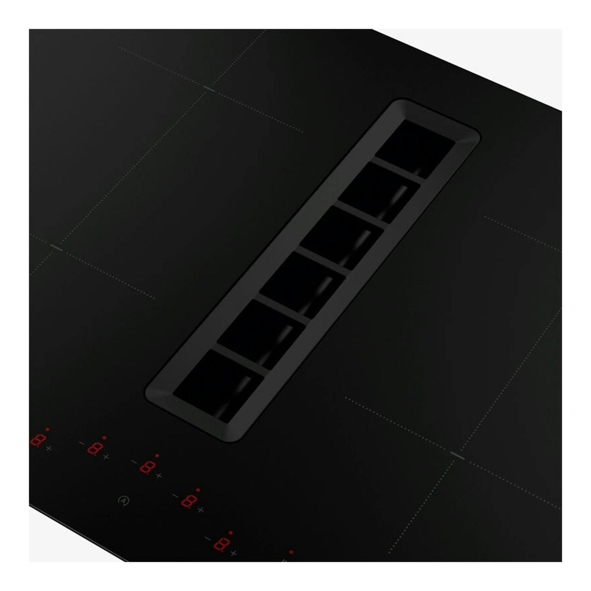 Placa de inducción negra Mepamsa Indu Value 70 cm con extractor central, vista superior inclinada.