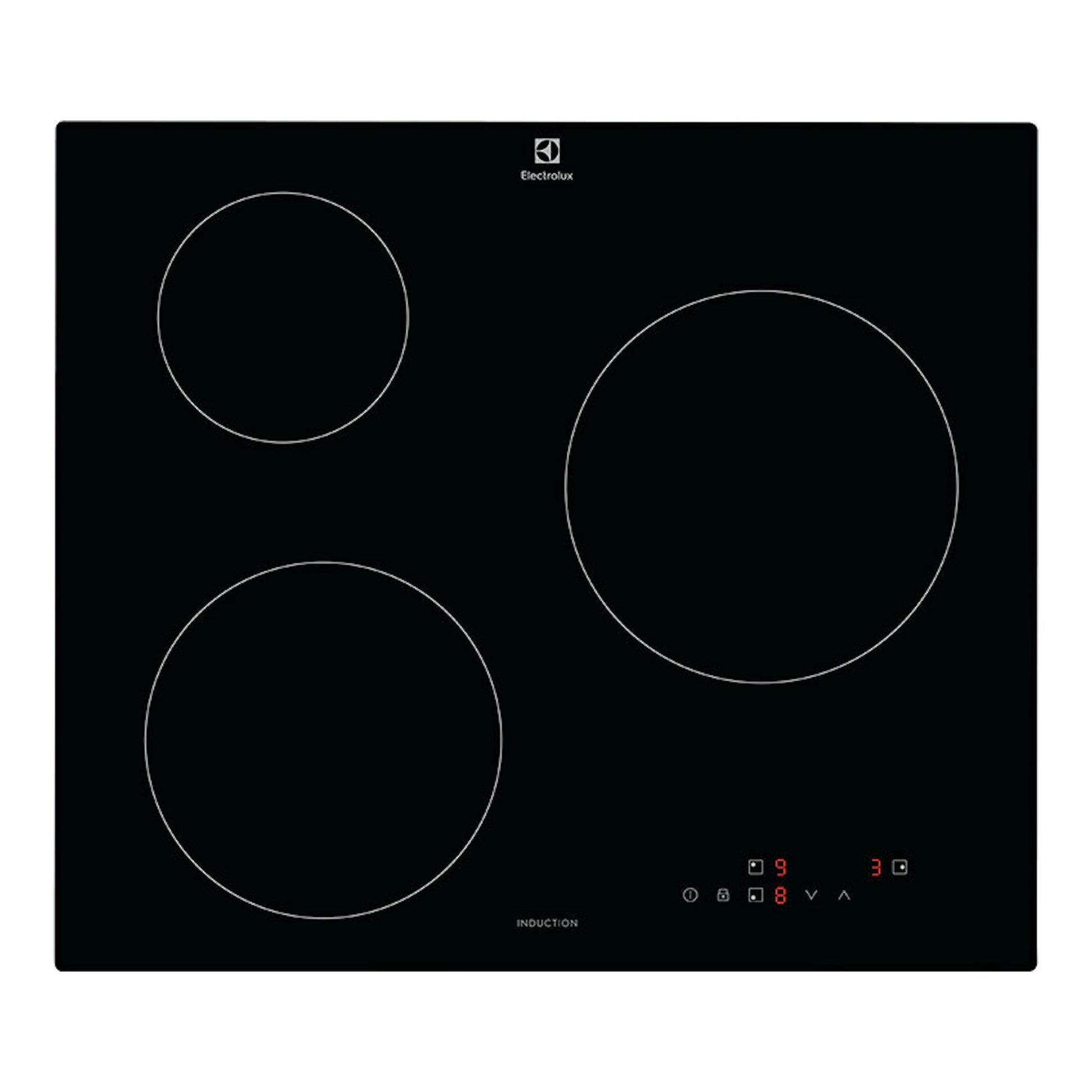 Placa de inducción Electrolux CIB60320CK negra, vista frontal, con tres zonas de cocción circulares.