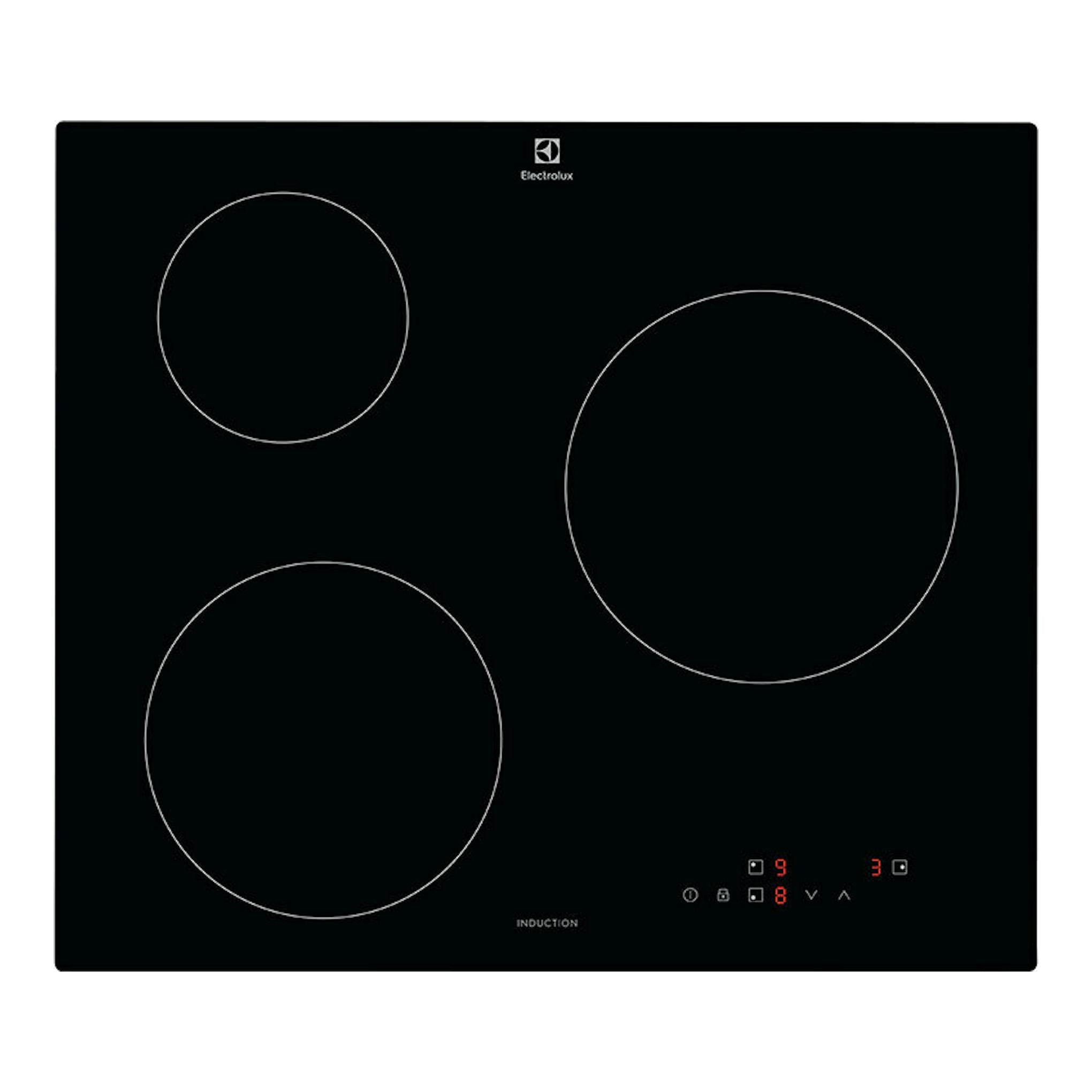 Placa de inducción Electrolux CIB60320CK negra, vista frontal, con tres zonas de cocción circulares.