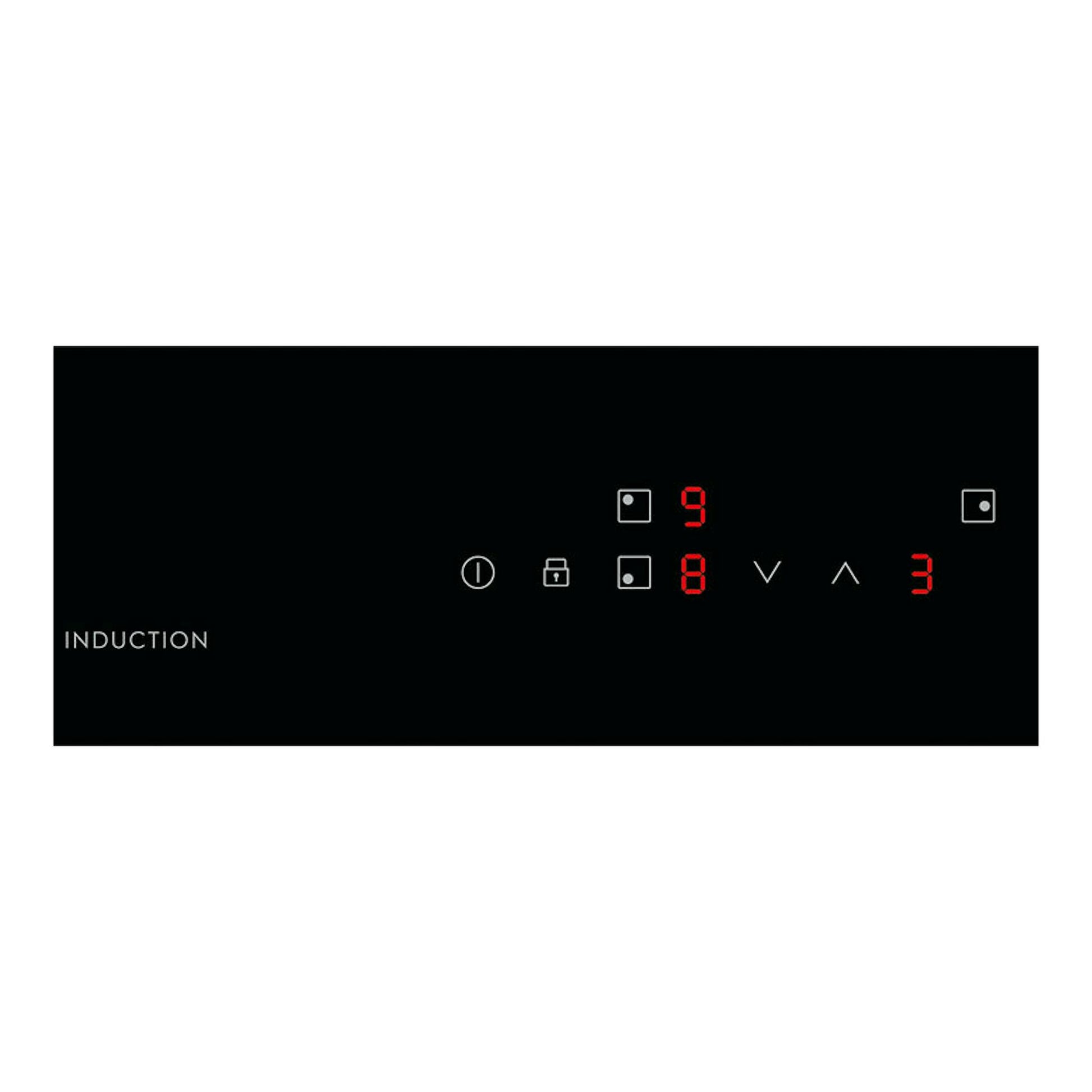 Electrolux CIB60320CK, vista superior de placa de inducción negra con panel táctil y números rojos.