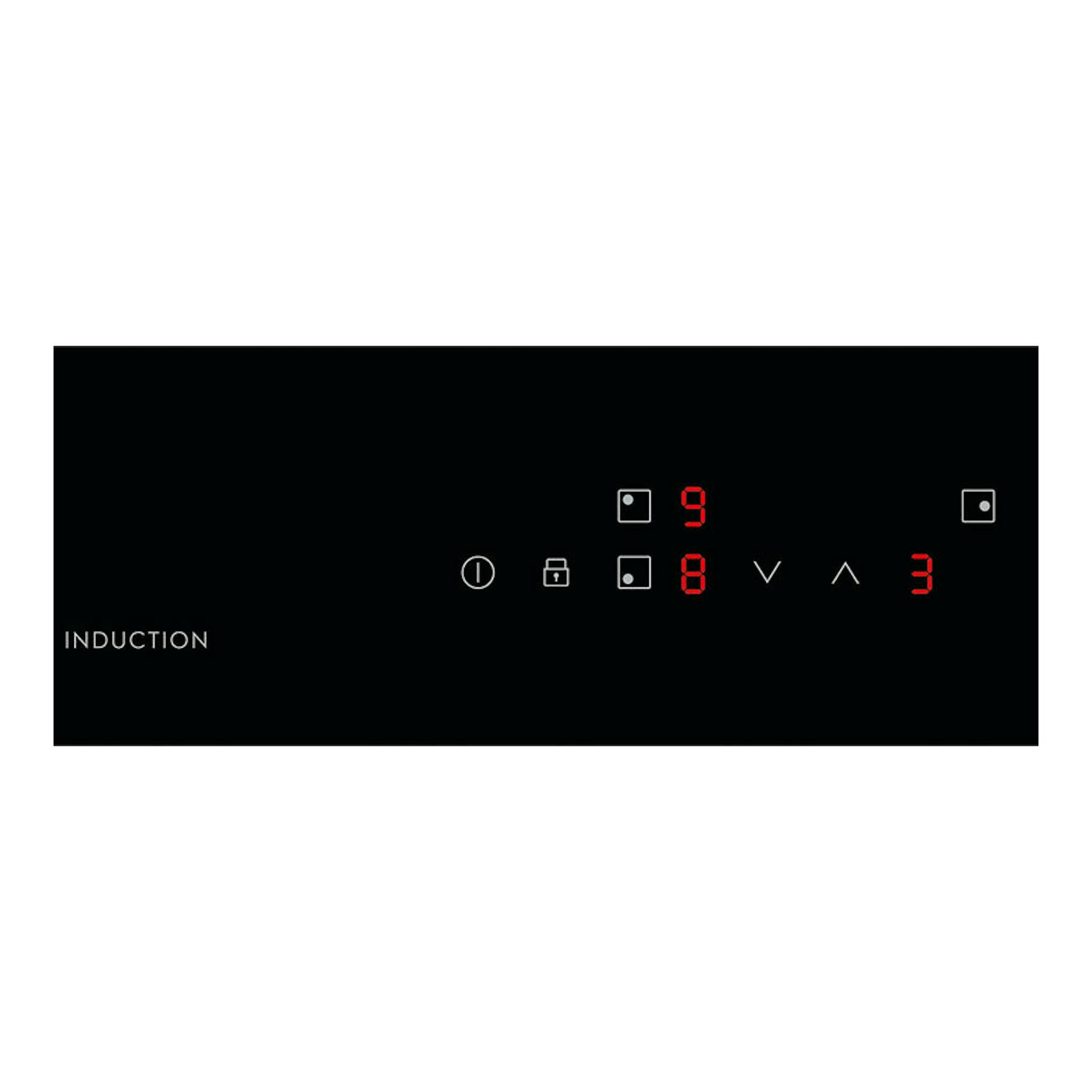 Electrolux CIB60320CK, vista superior de placa de inducción negra con panel táctil y números rojos.