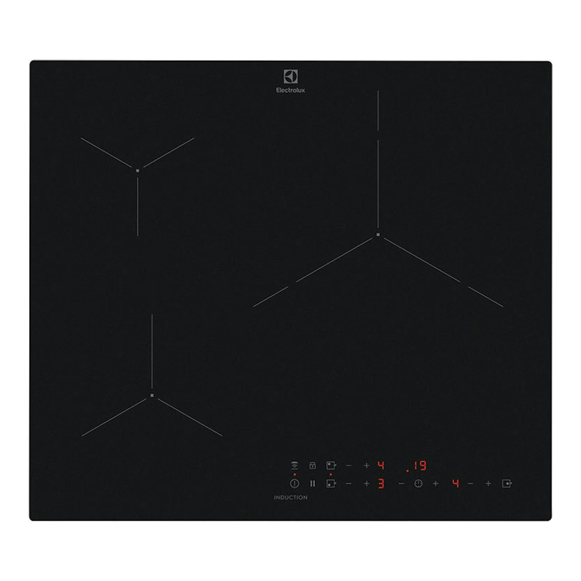 Placa de inducción Electrolux EIT61336CT negra, vista superior, con mandos táctiles iluminados.