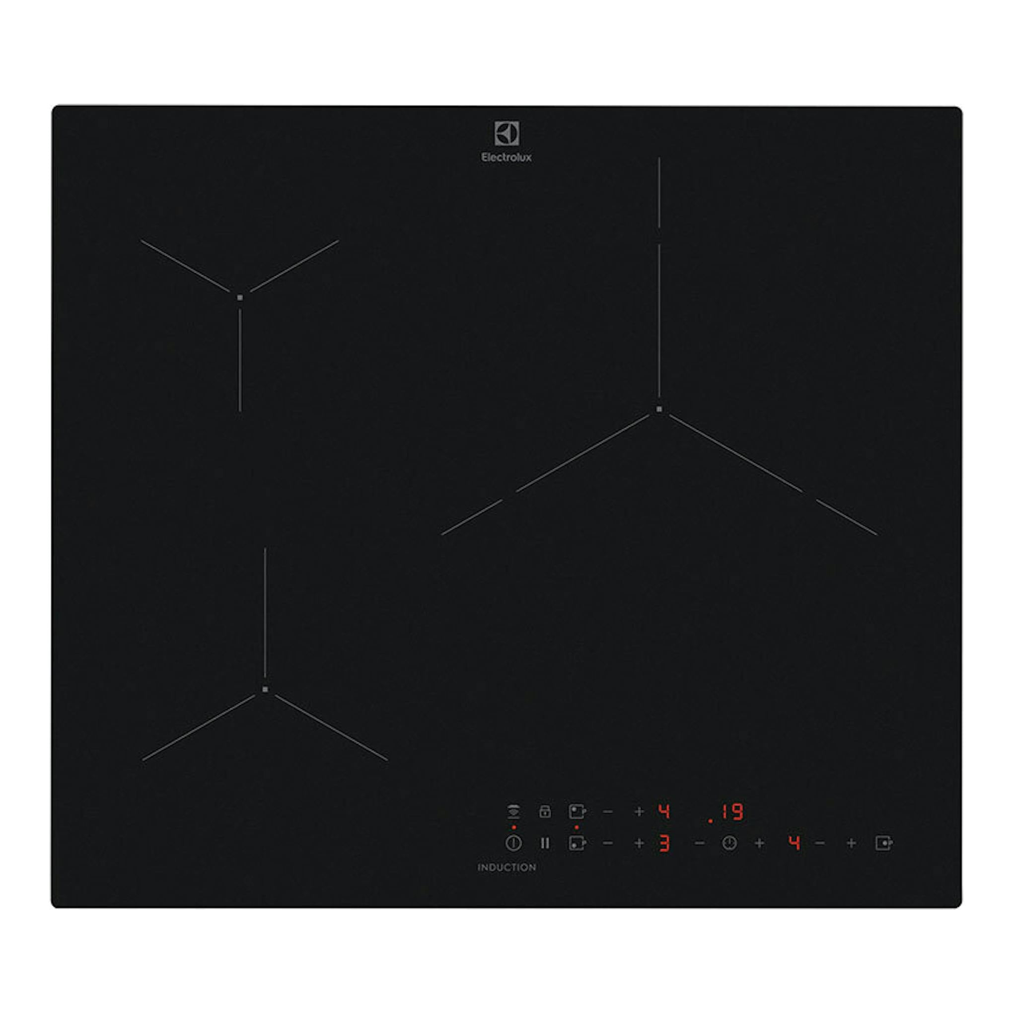 Placa de inducción Electrolux EIT61336CT negra, vista superior, con mandos táctiles iluminados.