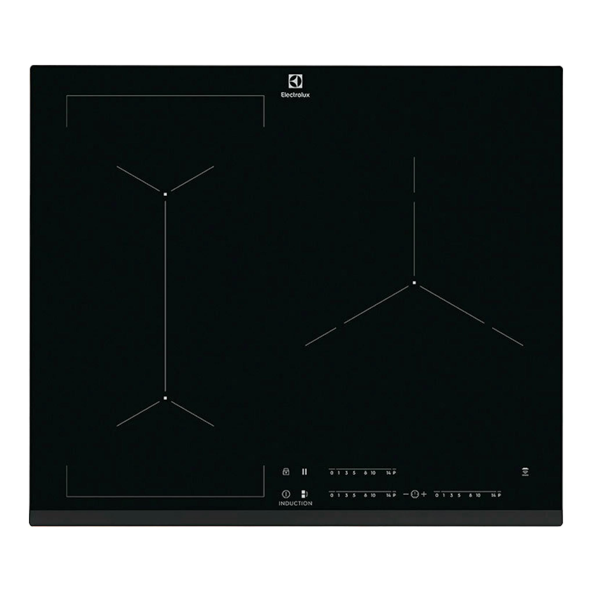 Placa de inducción Electrolux EIV633 negra, vista superior, con tres zonas de cocción.