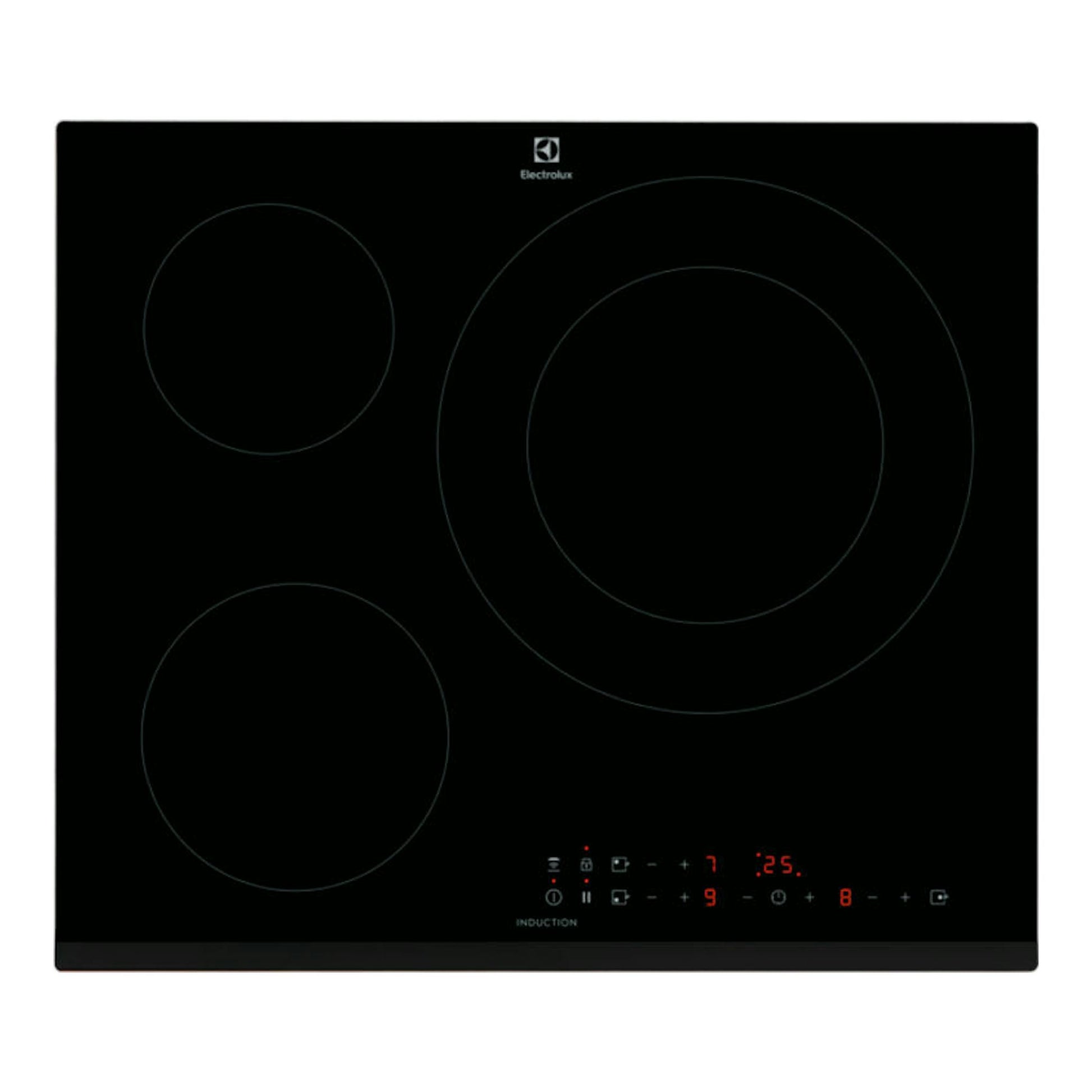 Placa de inducción Electrolux LIL60336 negra, vista superior, con cuatro zonas de cocción y panel táctil.