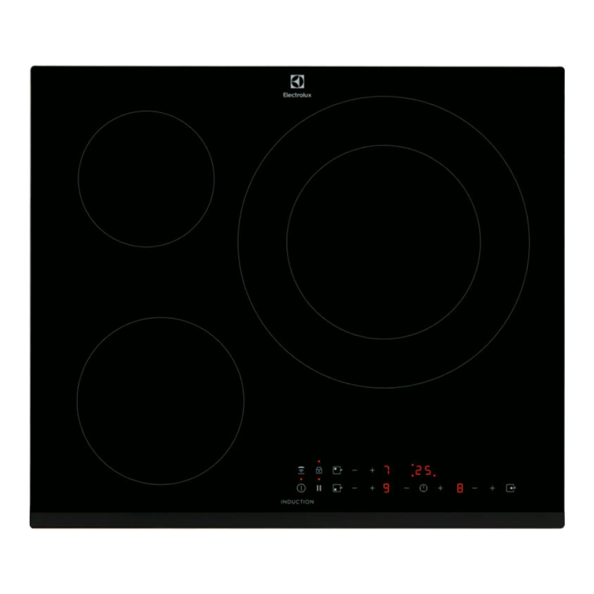 Placa de inducción Electrolux LIL60336 negra, vista superior, con cuatro zonas de cocción y panel táctil.