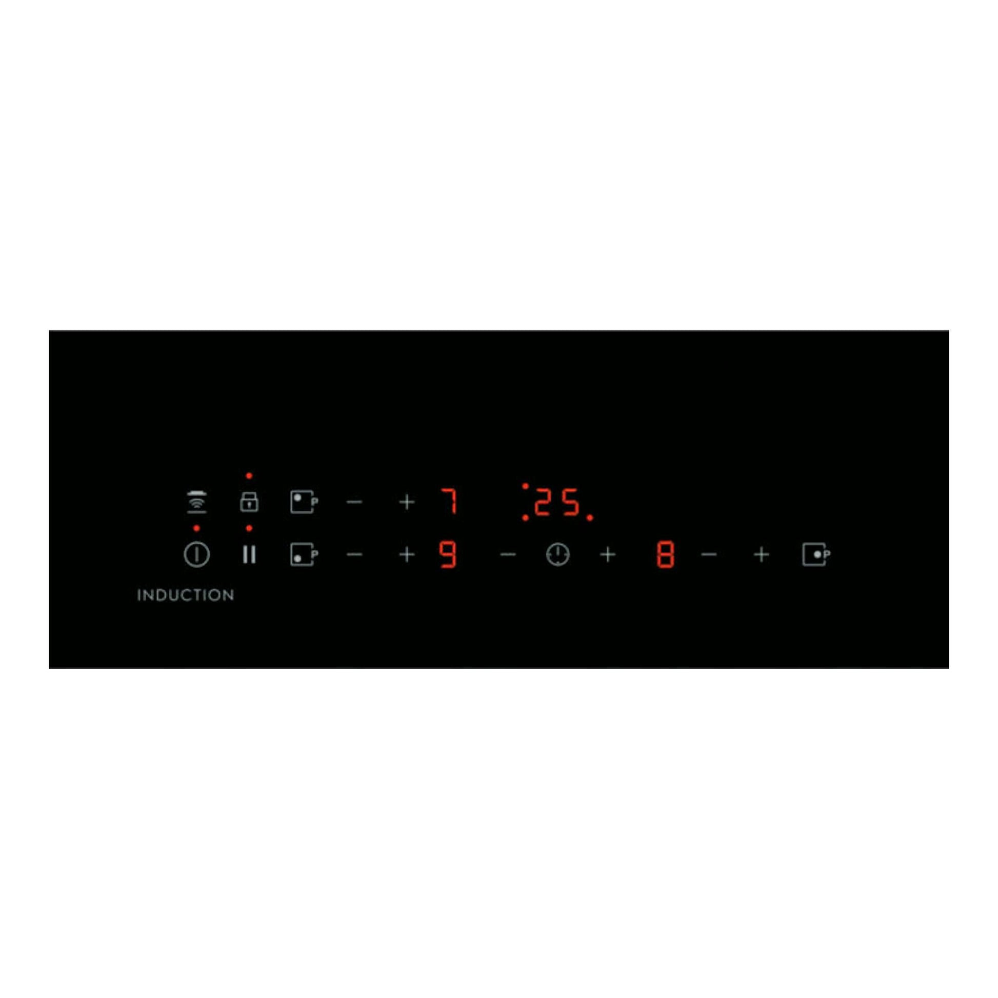 Electrolux LIL60336, placa de inducción negra, vista frontal del panel táctil con números rojos iluminados.