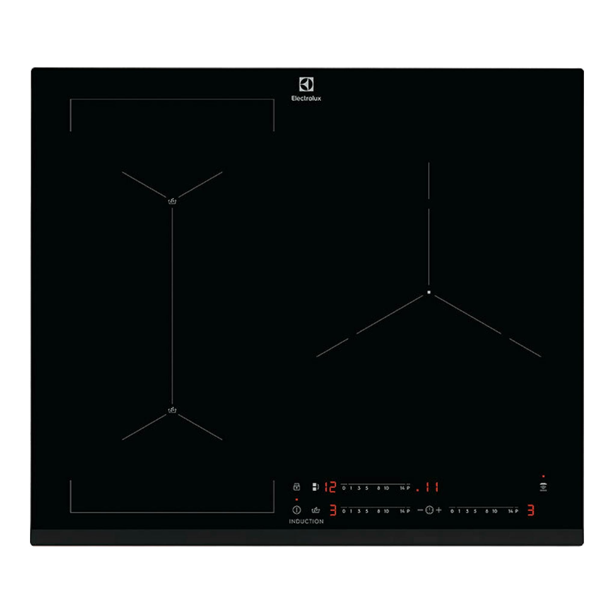 Placa de inducción Electrolux LIS62341 negra, vista superior con controles táctiles iluminados.
