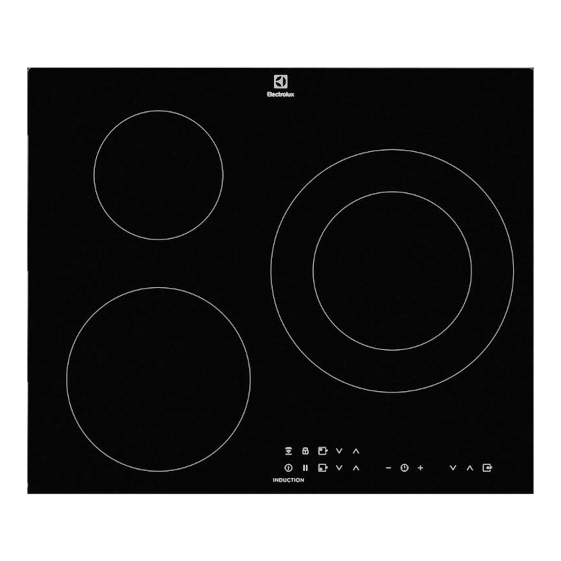 Placa de inducción Electrolux LIT60336C negra, vista frontal, con cuatro zonas de cocción circulares.