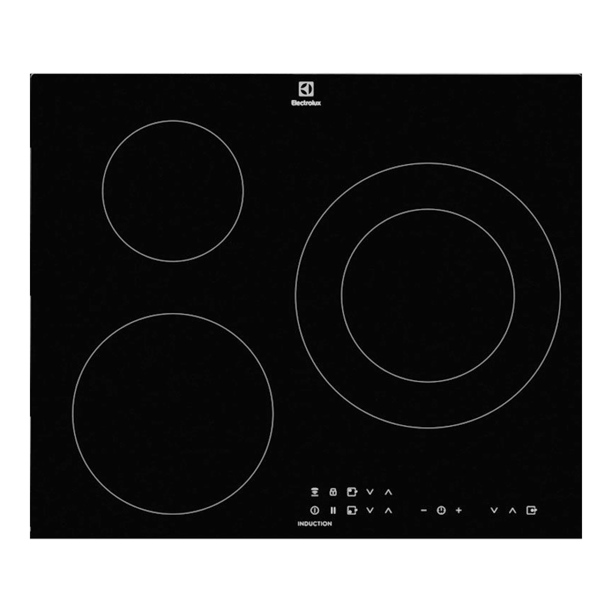 Placa de inducción Electrolux LIT60336C negra, vista frontal, con cuatro zonas de cocción circulares.