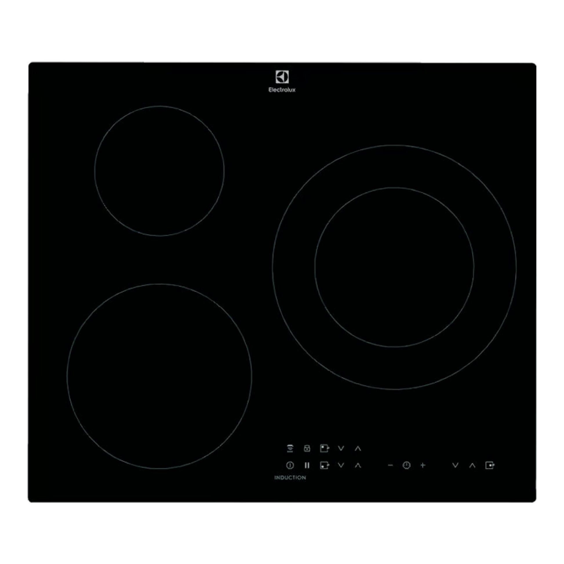 Placa de inducción Electrolux LIT60336CK negra, vista superior, con 4 zonas y controles táctiles.