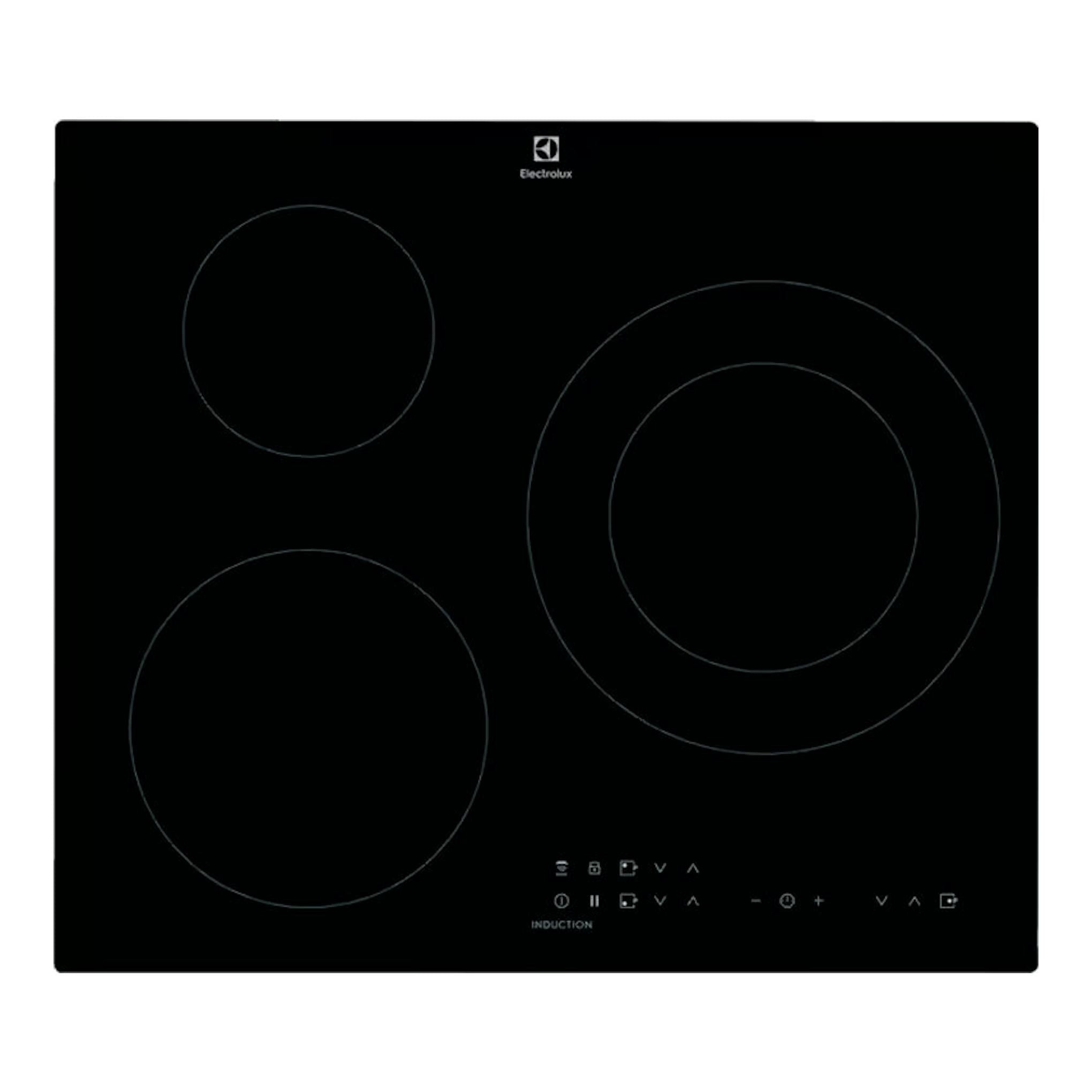Placa de inducción Electrolux LIT60336CK negra, vista superior, con 4 zonas y controles táctiles.