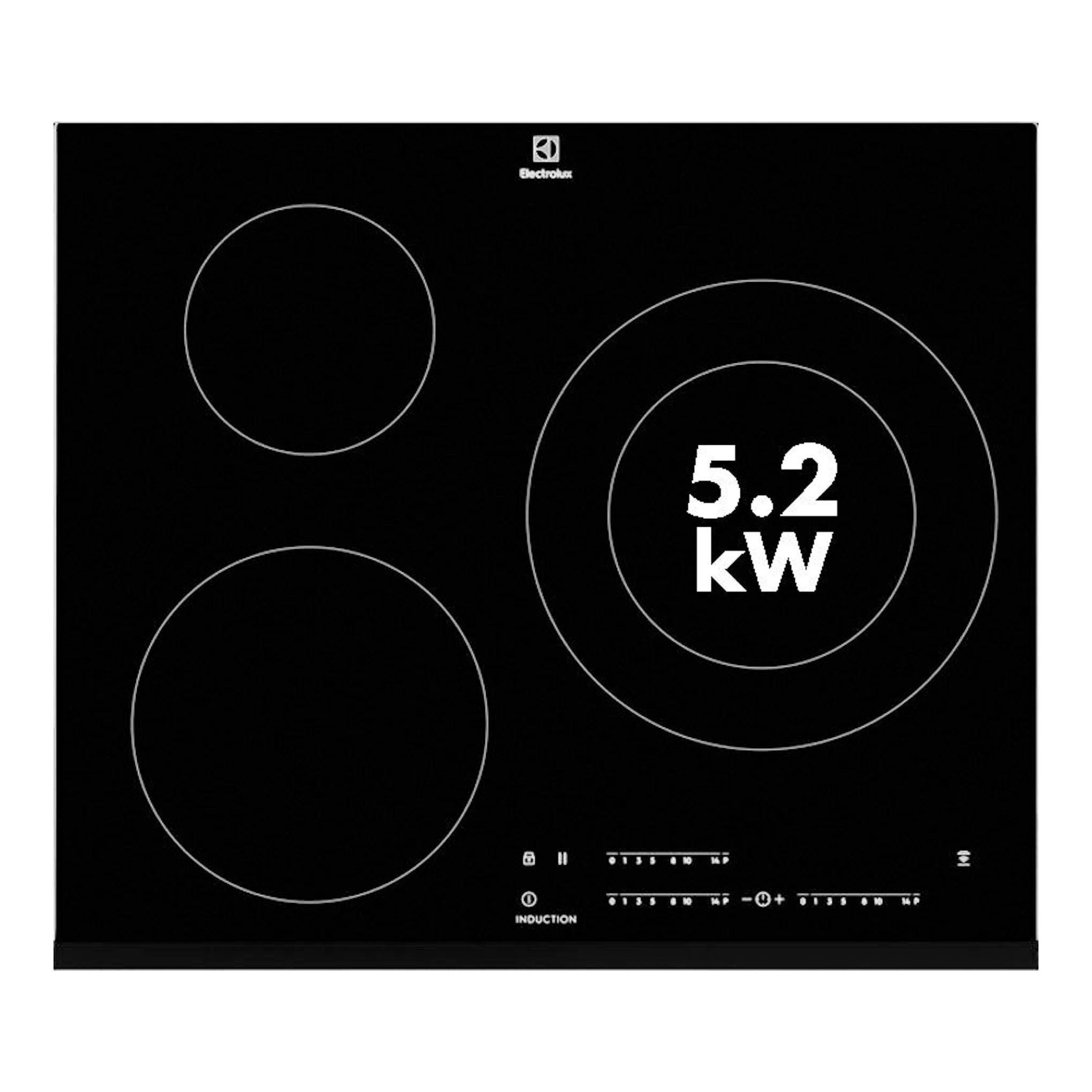 Placa de inducción Electrolux LIT60342, negra, vista frontal, con tres zonas circulares y panel táctil.