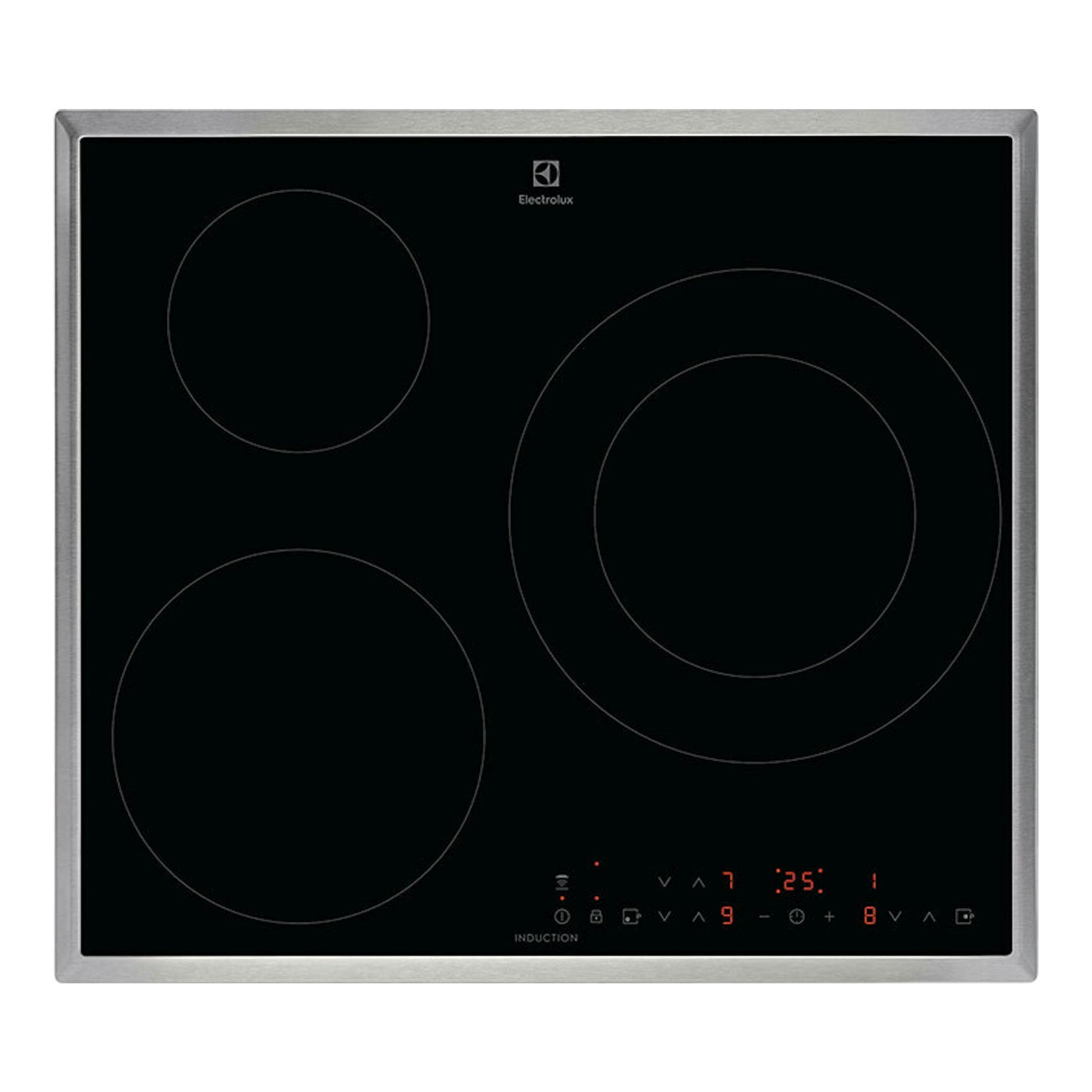 Placa de inducción Electrolux LIT6346M, vista superior, vidrio negro con marco de acero inoxidable.
