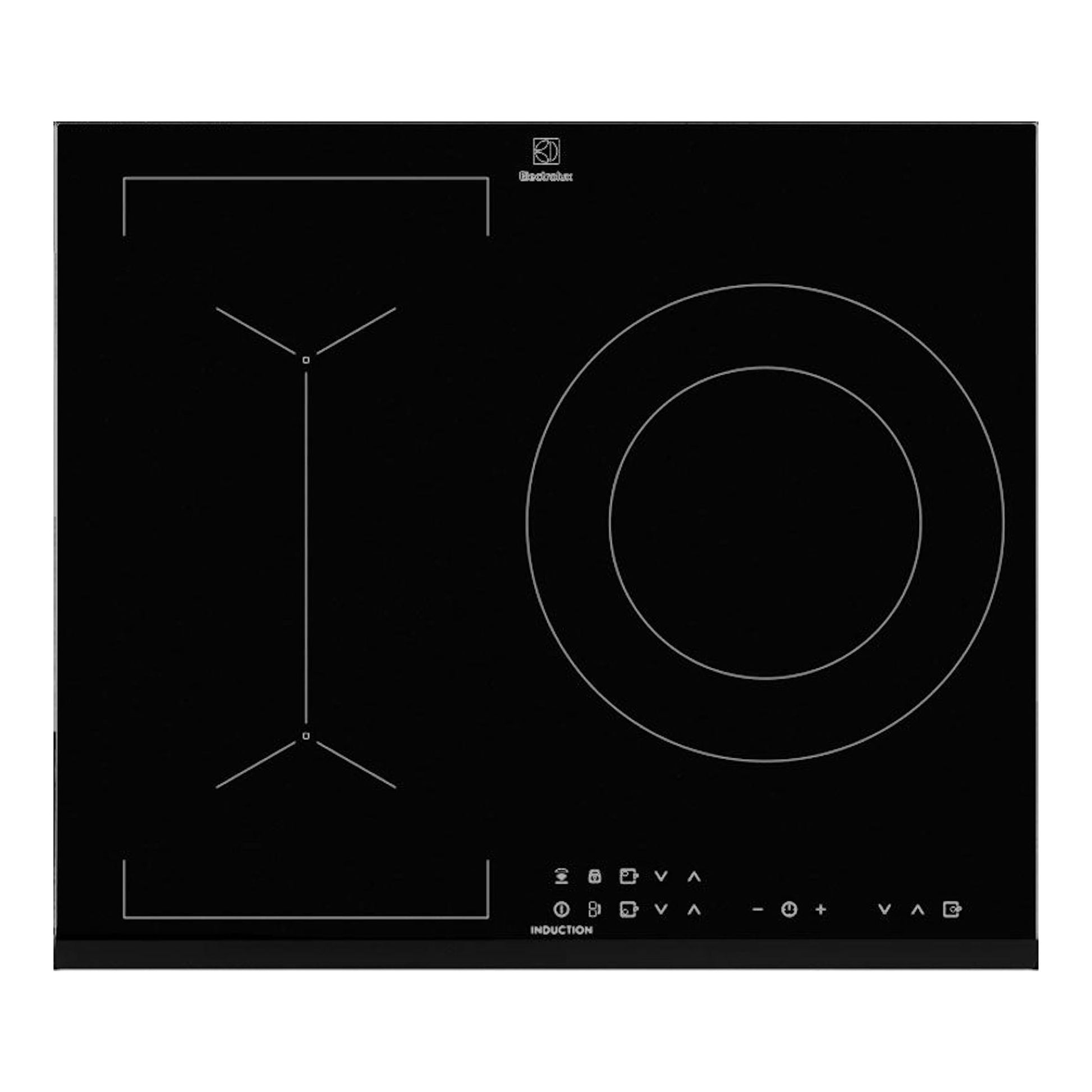 Placa de inducción Electrolux negra, vista superior, con dos zonas de cocción y controles táctiles.