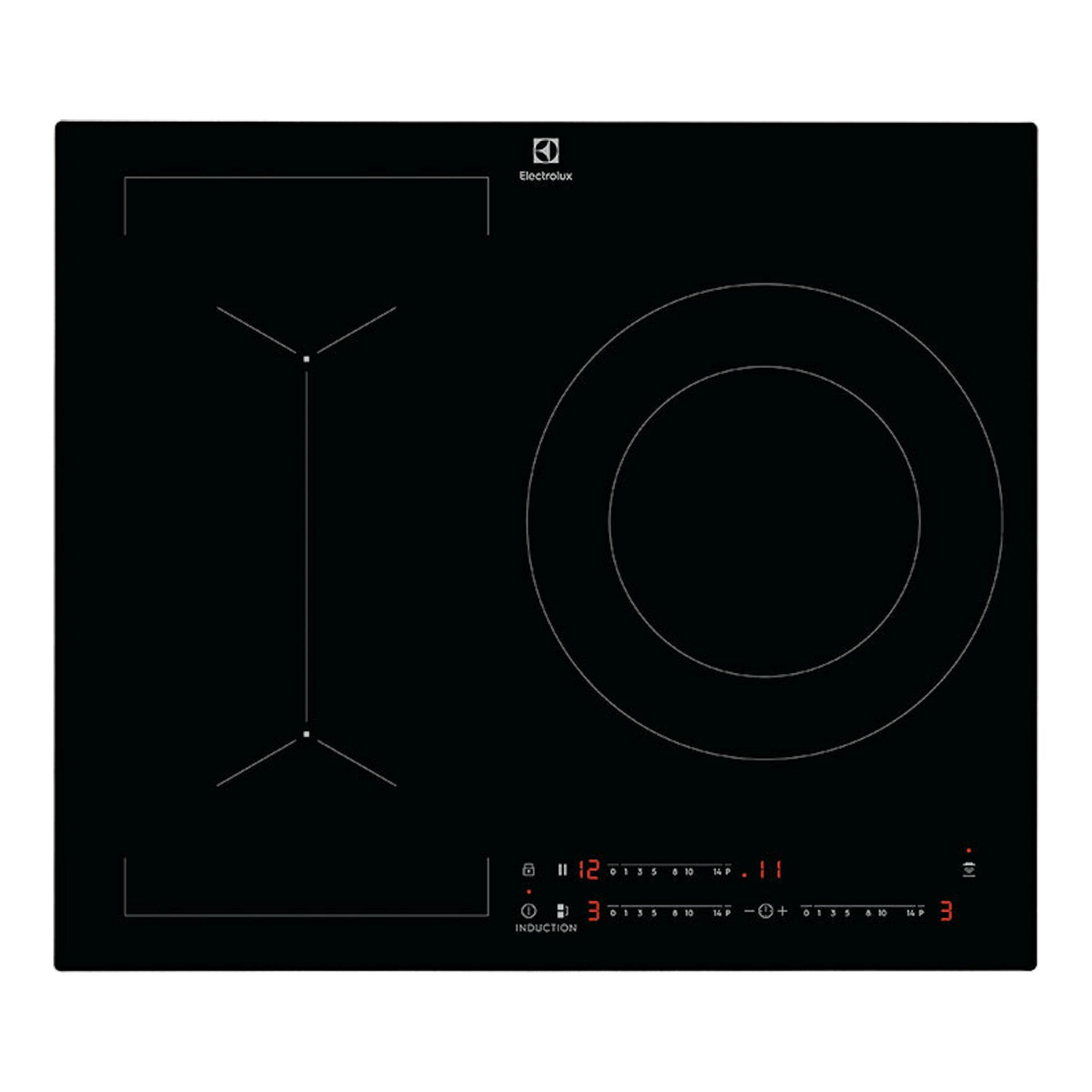 Placa de inducción Electrolux negra, vista frontal, con dos zonas de cocción y controles táctiles.