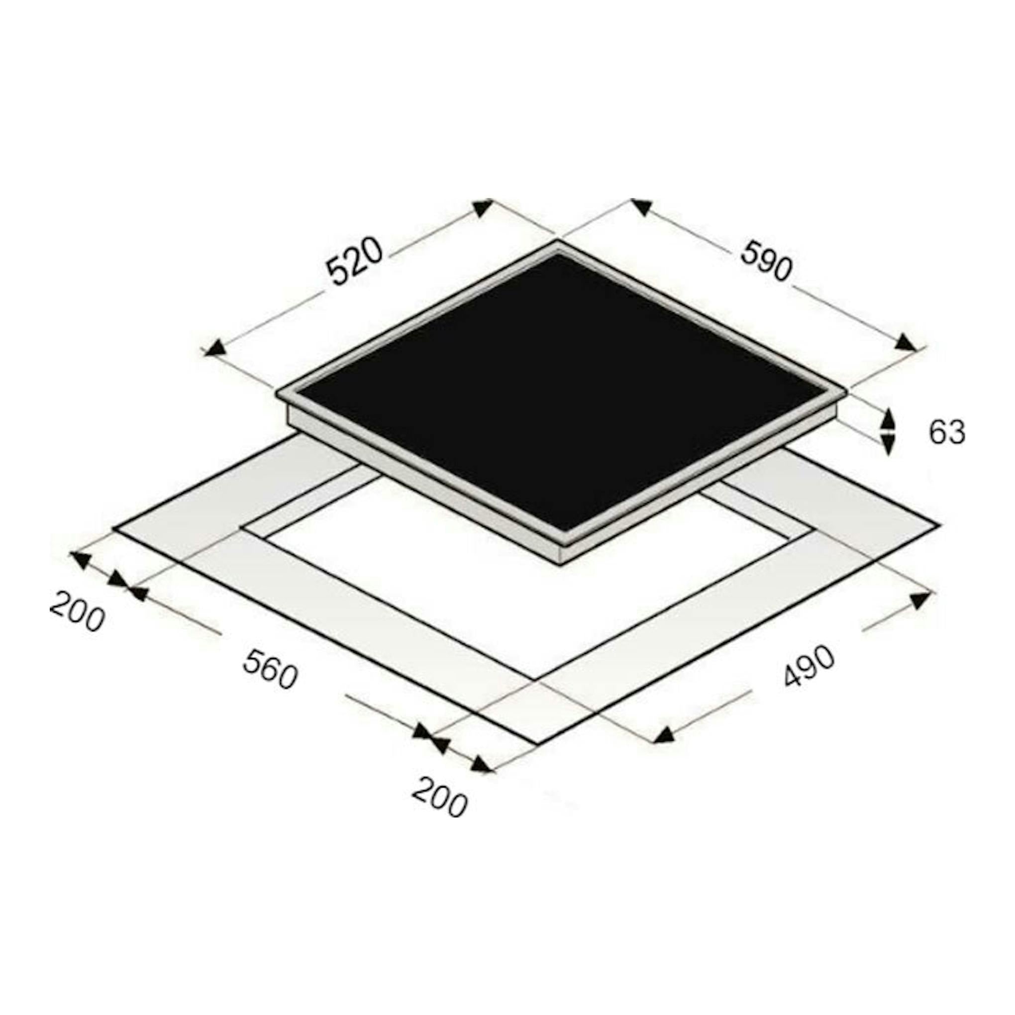 Placa de inducción Exquisit EKI 630 negra, vista isométrica con esquema de medidas de instalación.