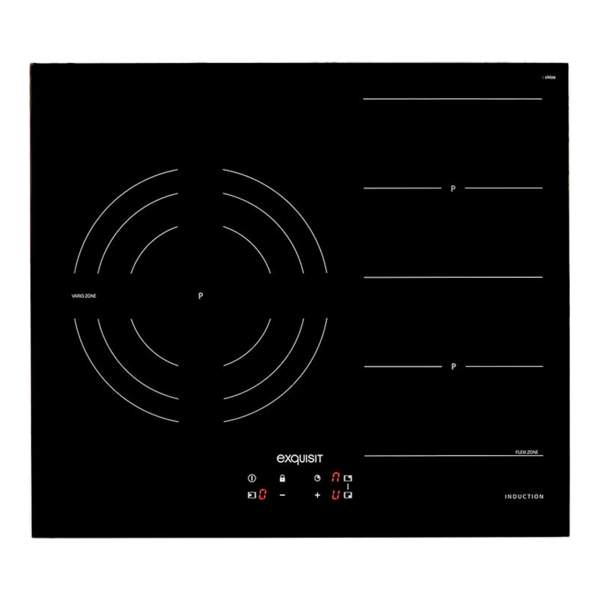 Placa de inducción Exquisit EKI 653F negra, vista frontal, con zonas de cocción marcadas en blanco.