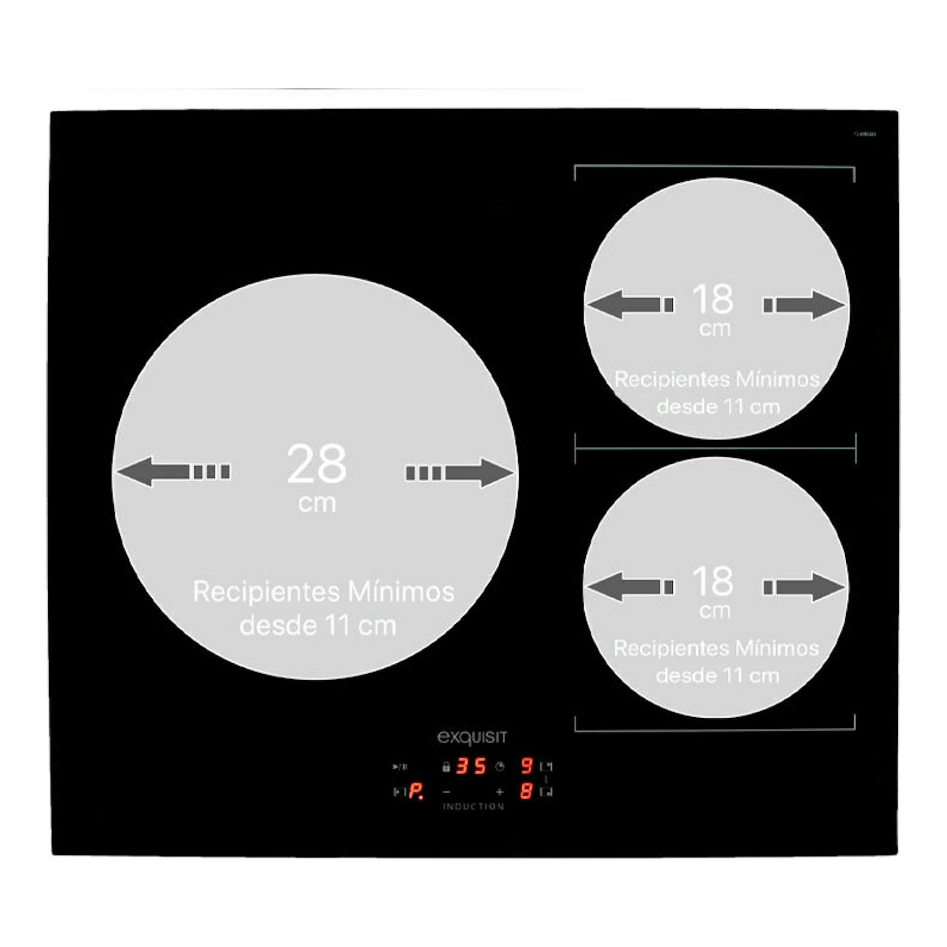 Placa de inducción Exquisit EKI 653F negra, vista frontal, con tres zonas de cocción marcadas.