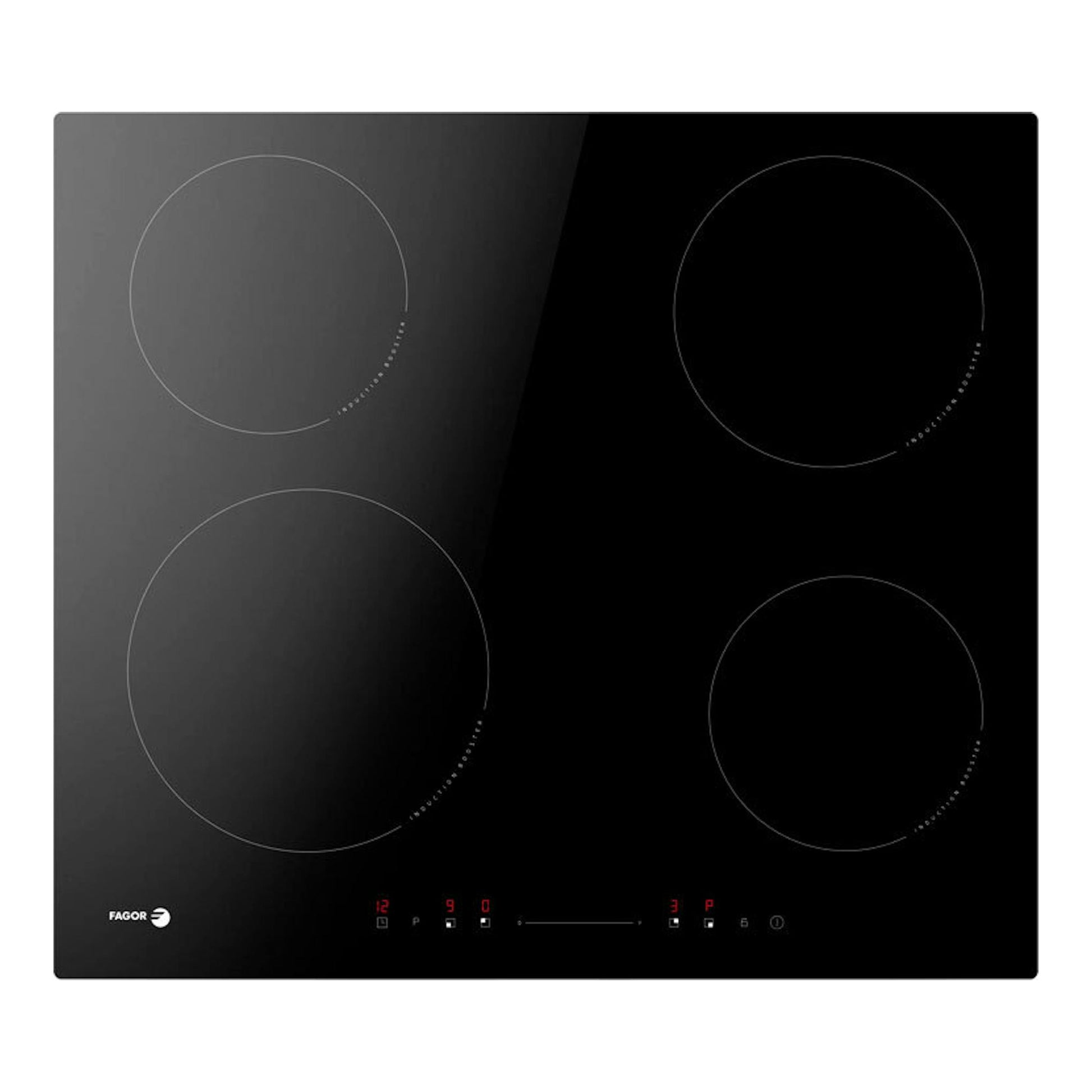 Placa de inducción Fagor 3IF-41BC negra, vista superior, con 4 zonas de cocción y controles táctiles.